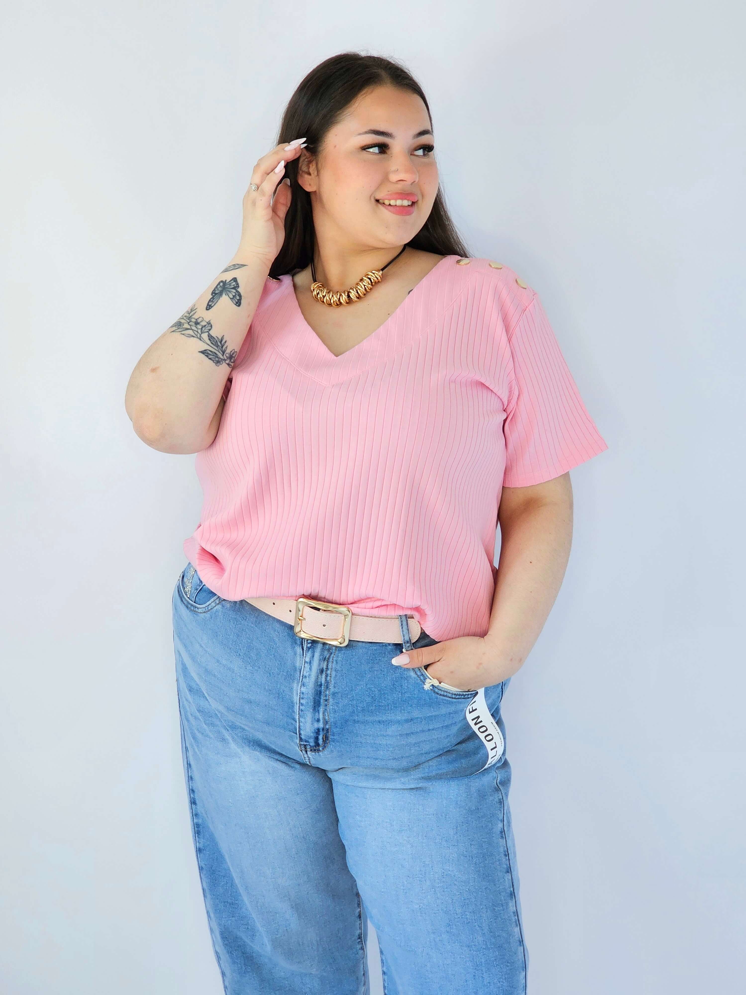Bluzka Plus Size Z Dekoltem V I Ozdobnymi Detalami Na Ramionach Stylowa XL