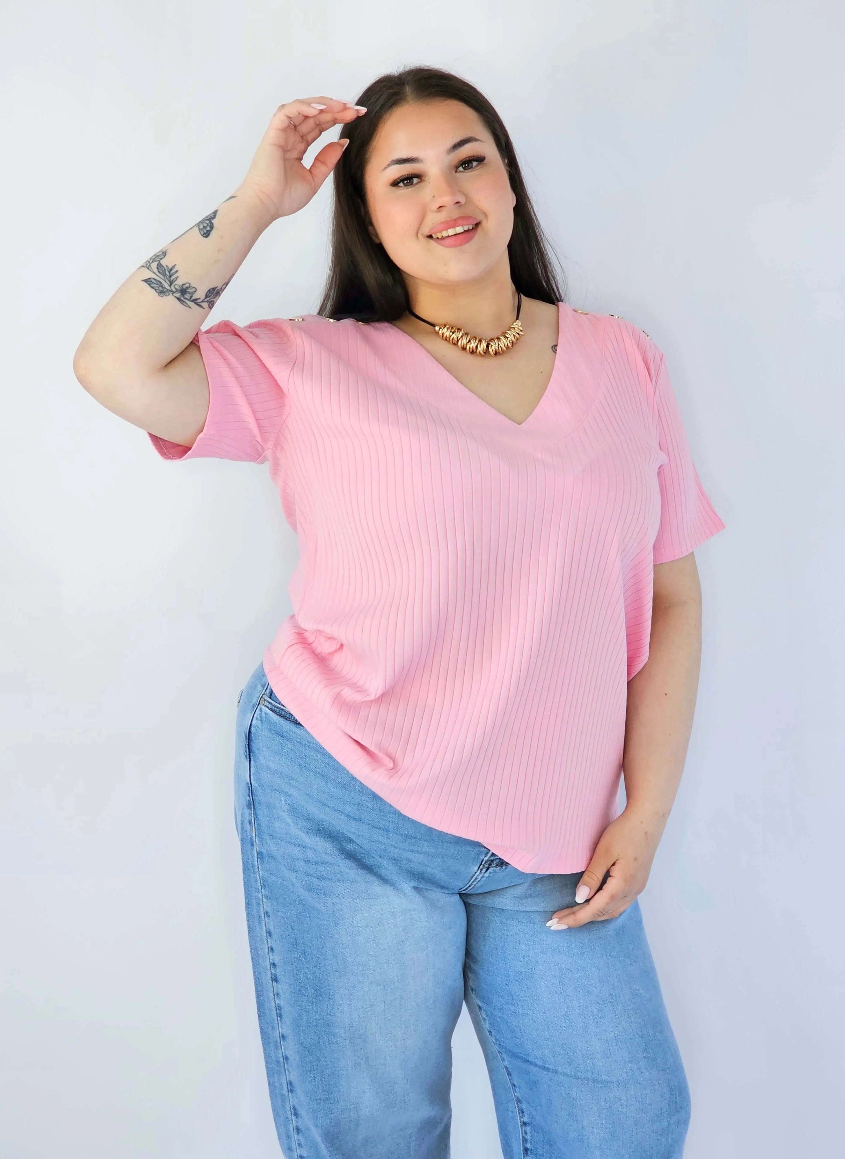 Bluzka Plus Size Z Dekoltem V I Ozdobnymi Detalami Na Ramionach Stylowa XL