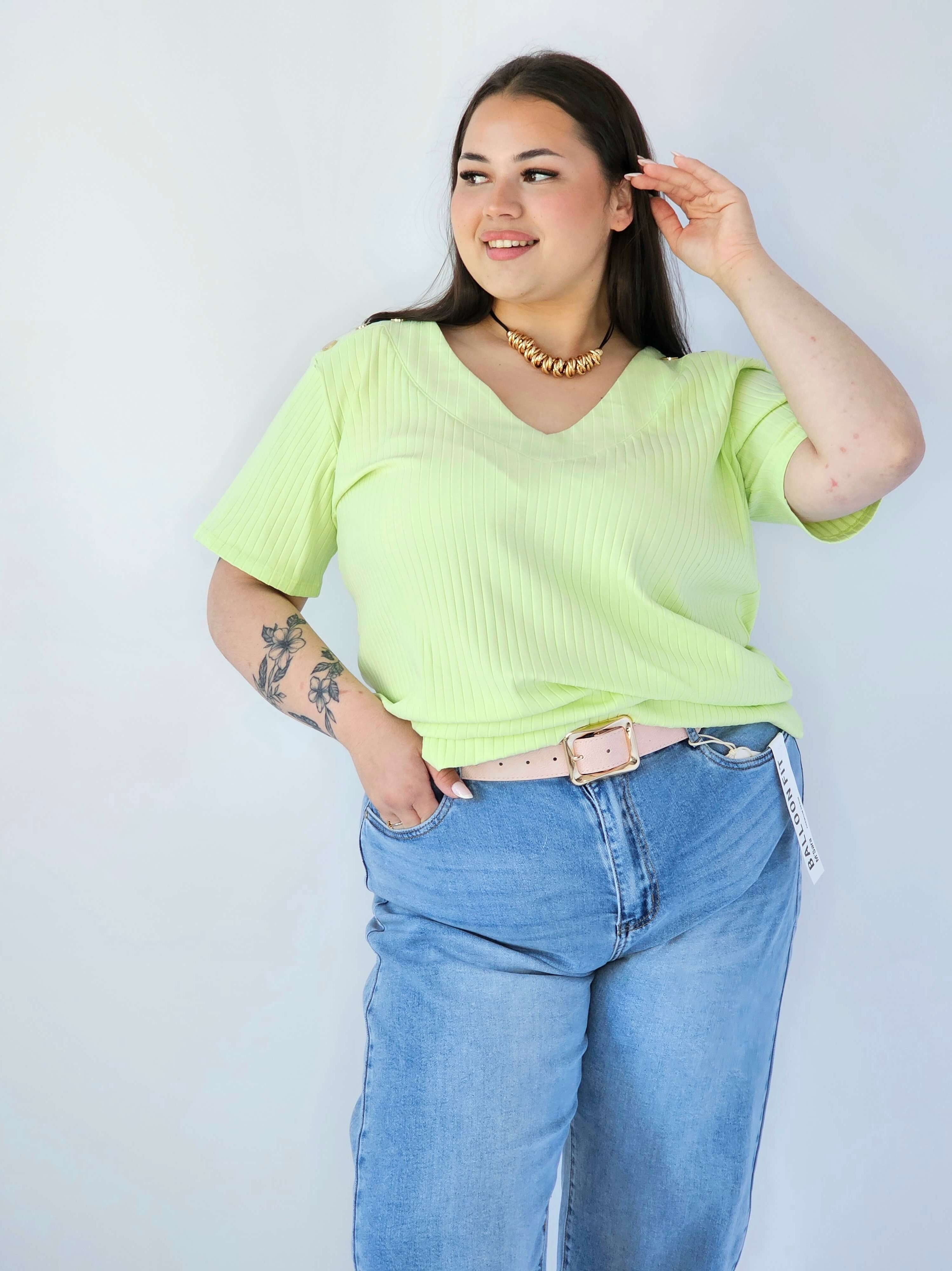 Bluzka Plus Size Z Dekoltem V I Ozdobnymi Detalami Na Ramionach Stylowa XL