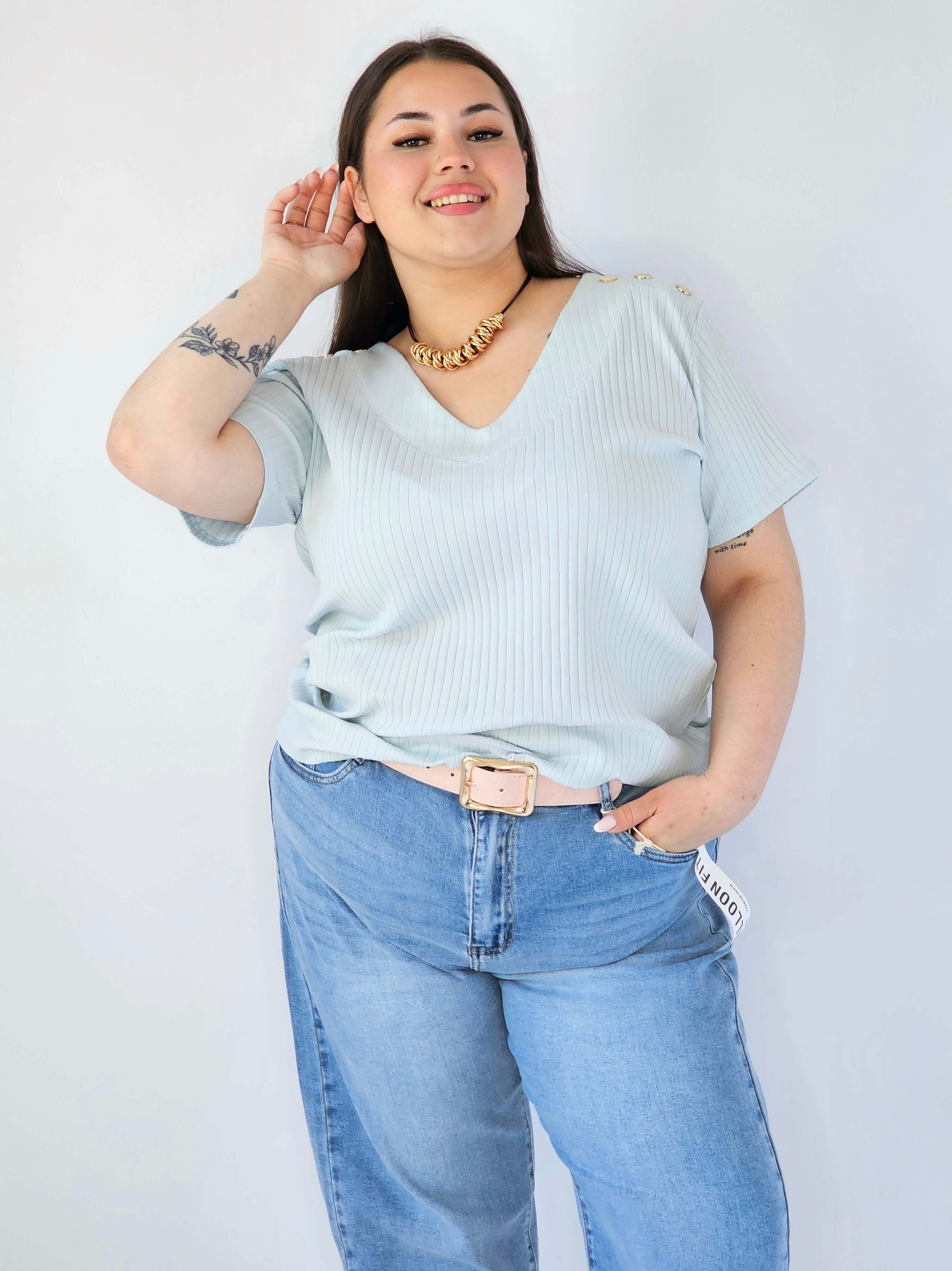 Bluzka Plus Size Z Dekoltem V I Ozdobnymi Detalami Na Ramionach Stylowa XL