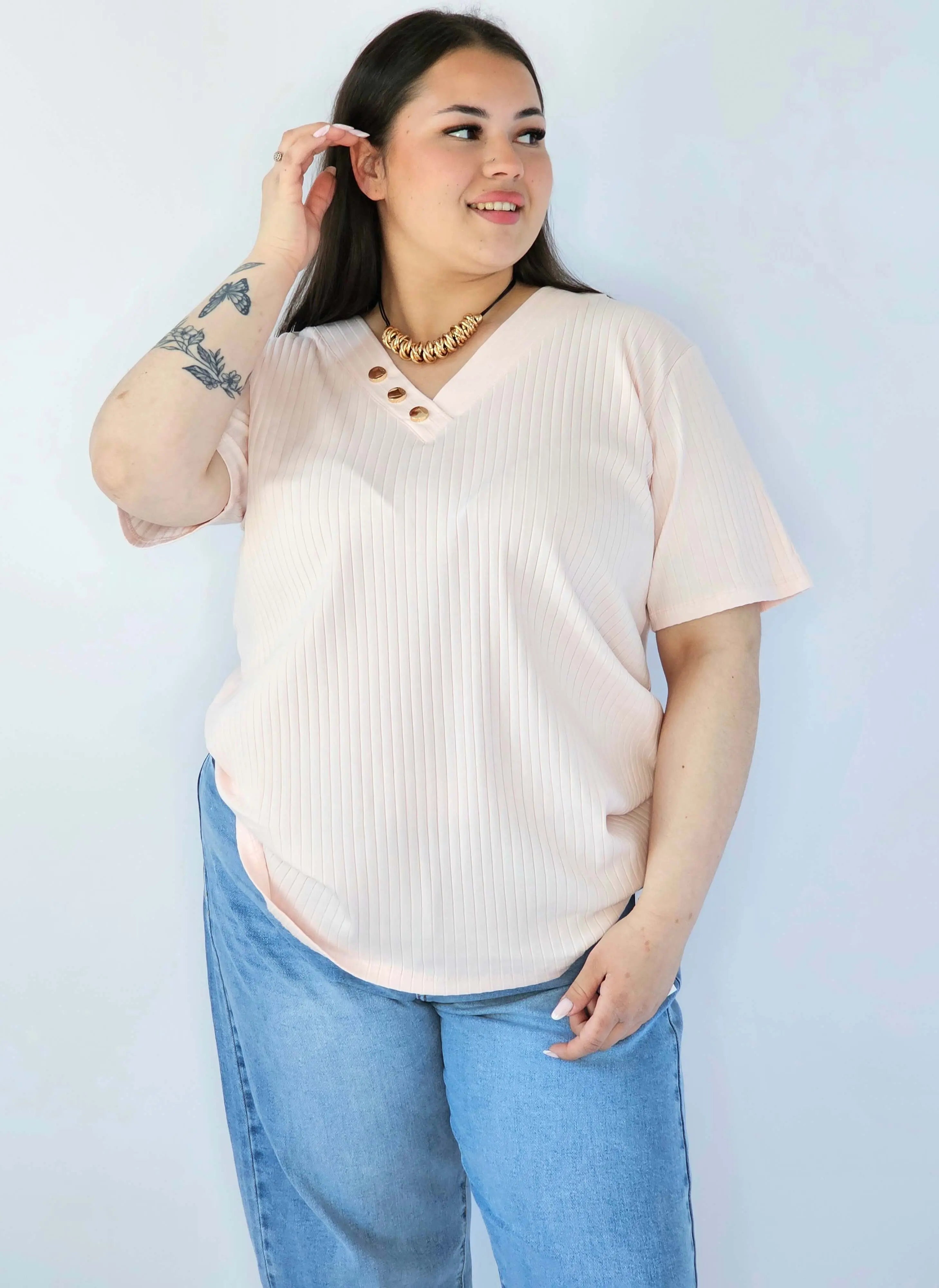Bluzka Plus Size Z Dekoltem V I Ozdobnymi Guzikami Stylowa XL