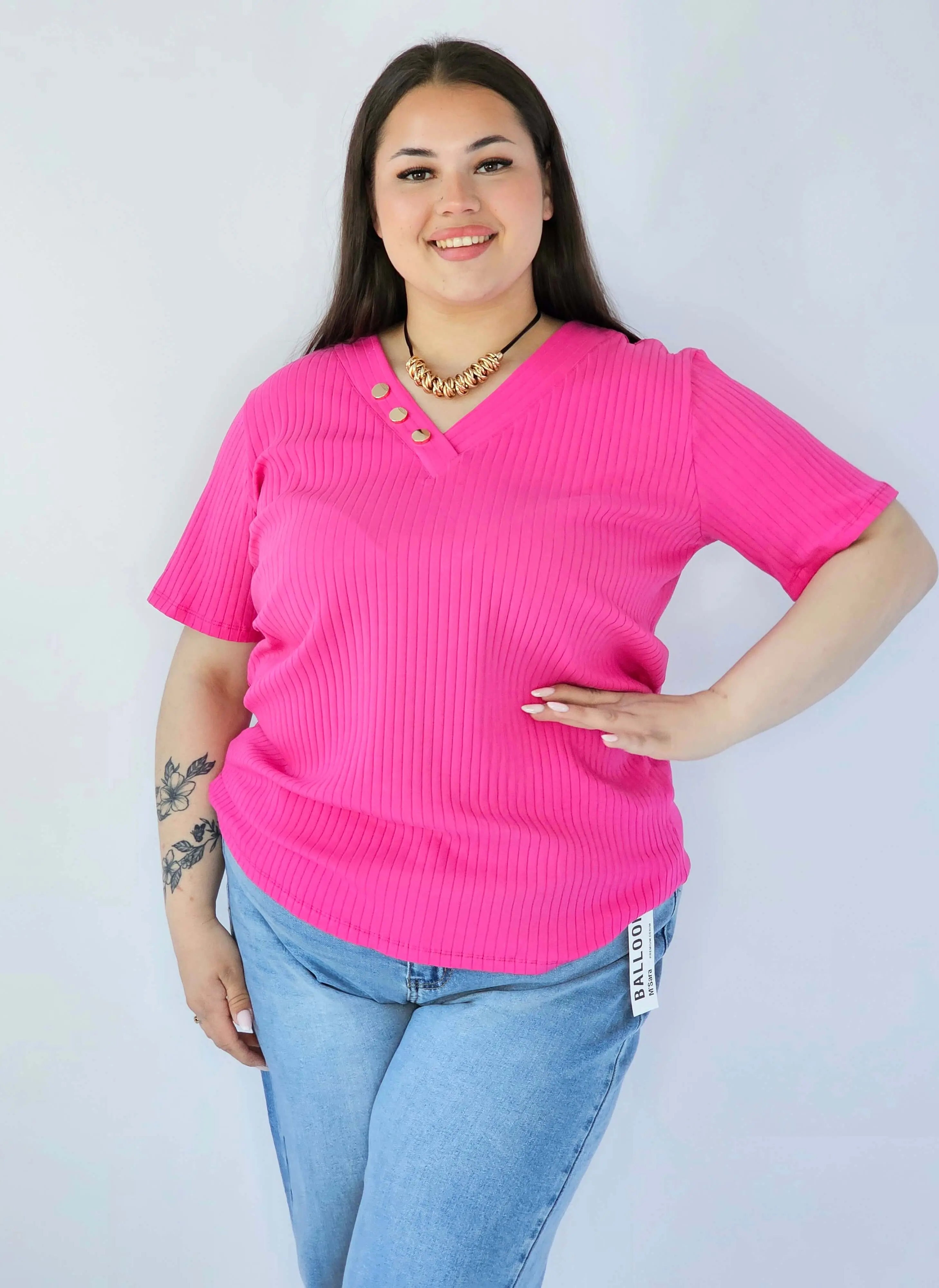 Bluzka Plus Size Z Dekoltem V I Ozdobnymi Guzikami Stylowa XL