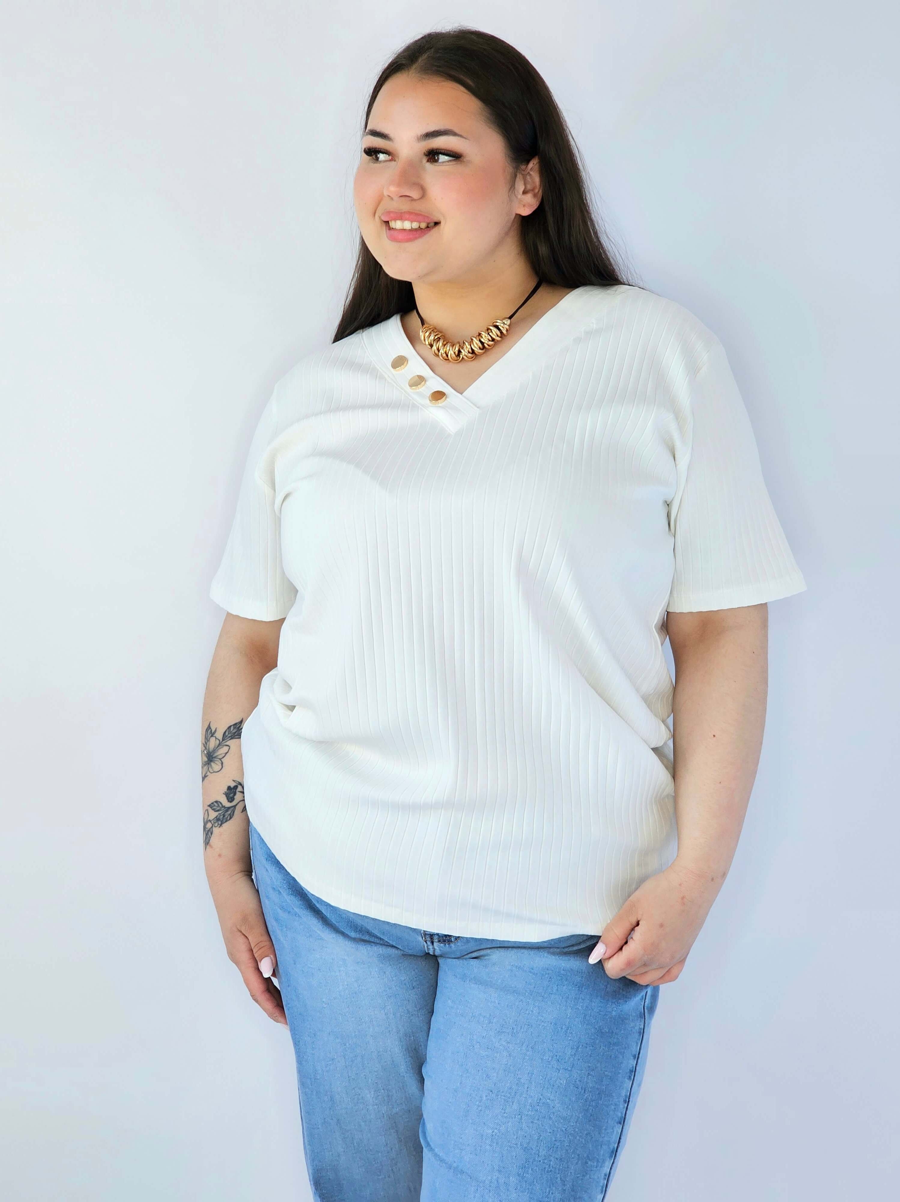Bluzka Plus Size Z Dekoltem V I Ozdobnymi Guzikami Stylowa XL