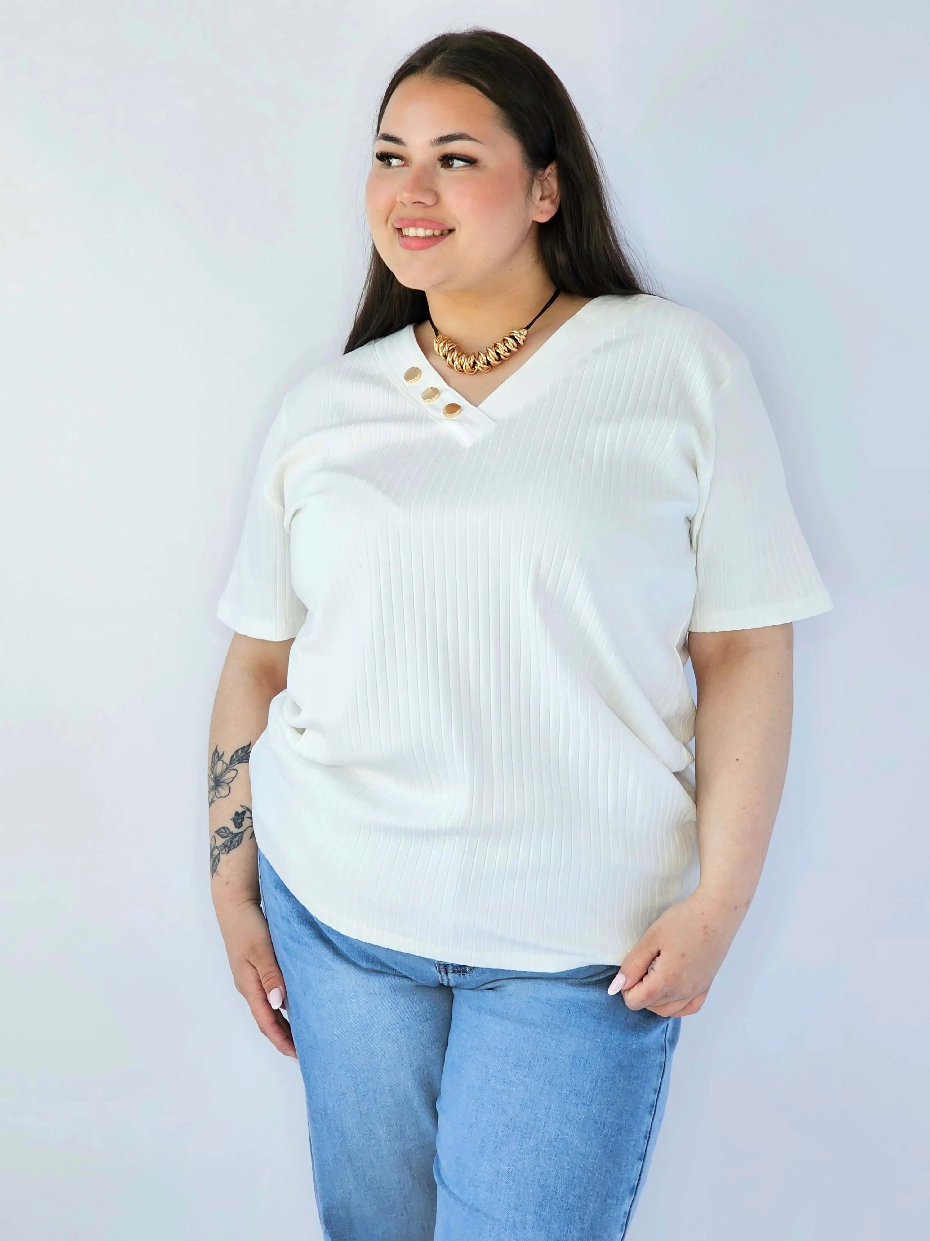 Bluzka Plus Size Z Dekoltem V I Ozdobnymi Guzikami Stylowa XL