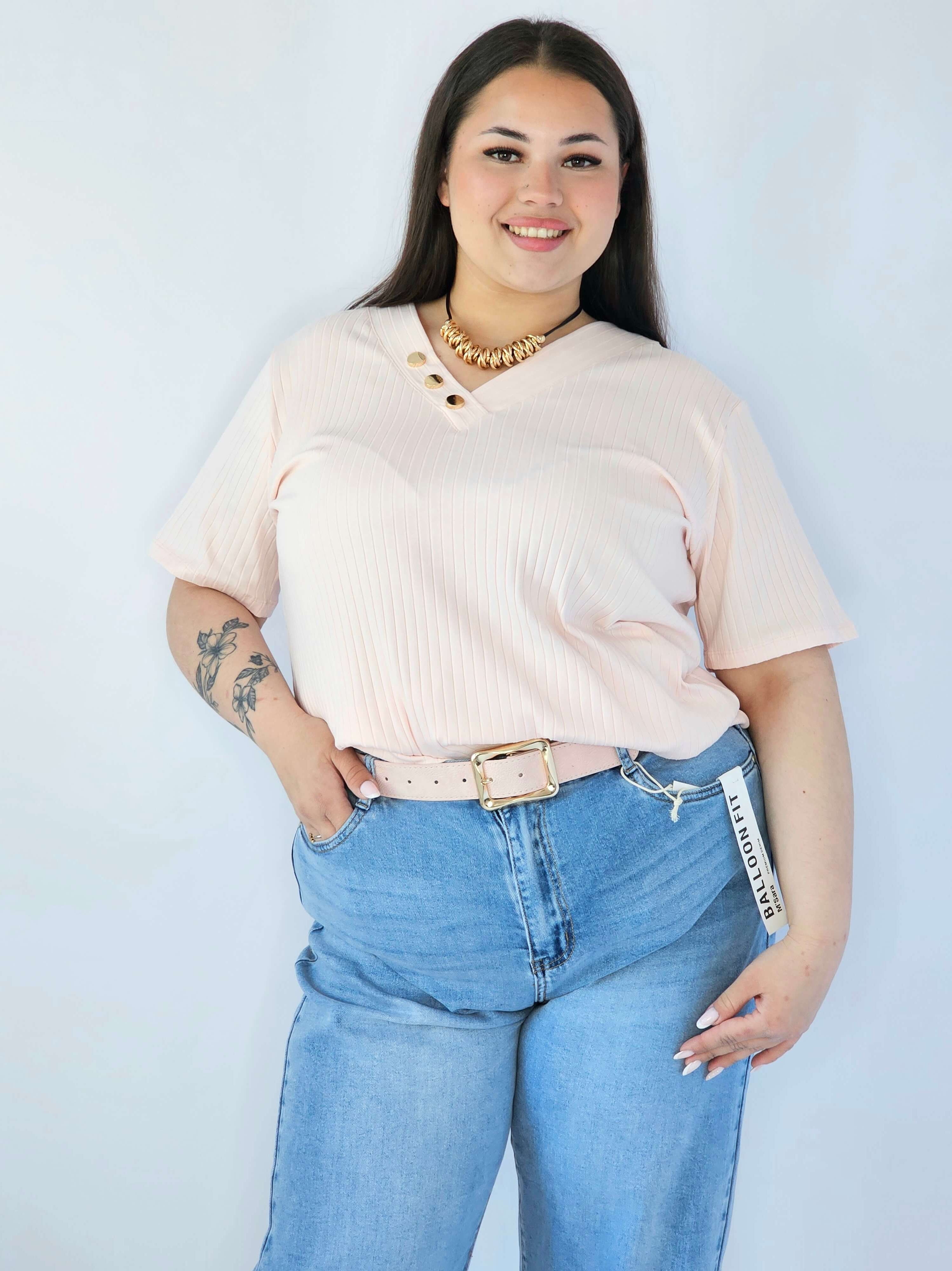 Bluzka Plus Size Z Dekoltem V I Ozdobnymi Guzikami Stylowa XL