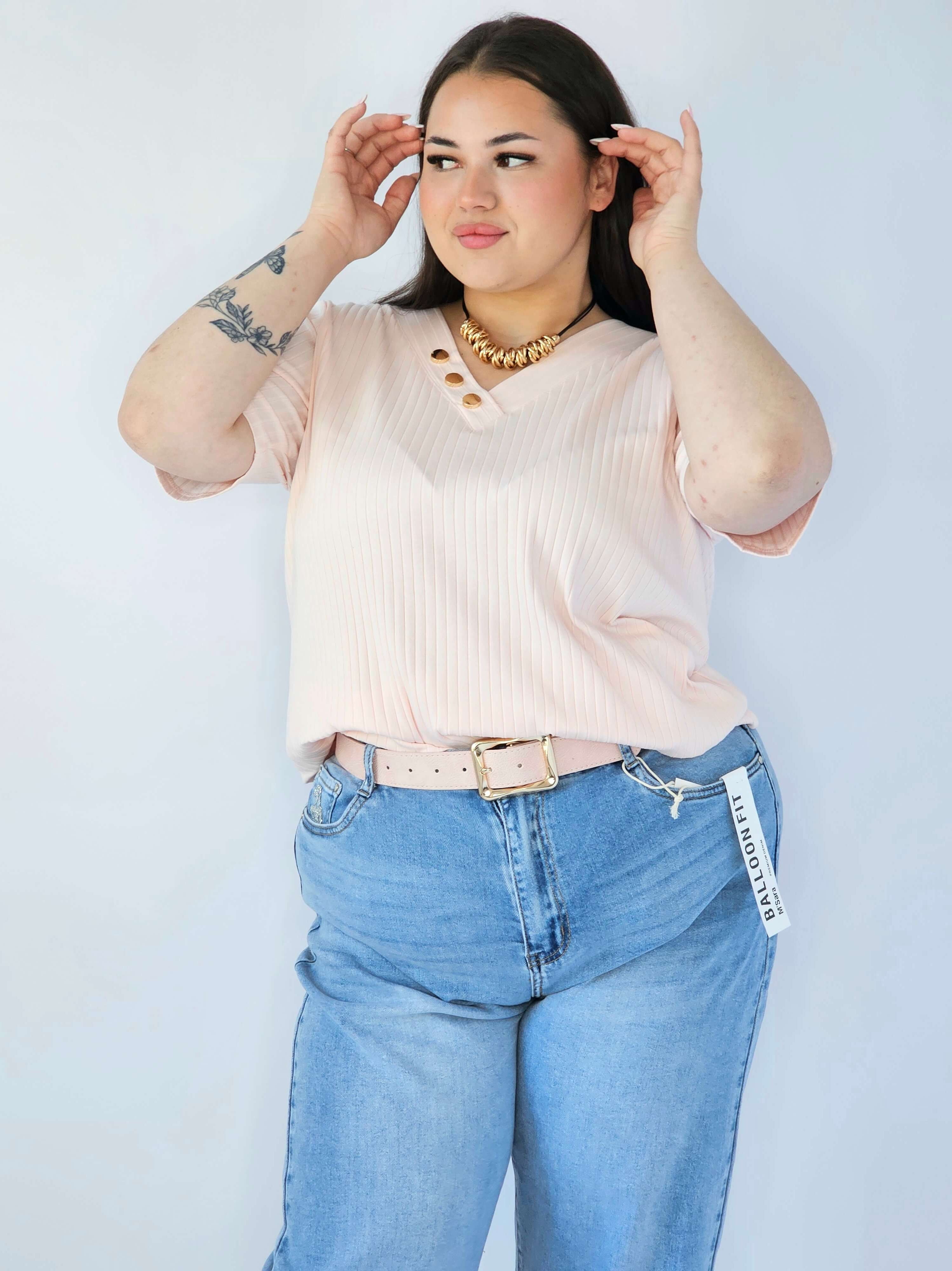 Bluzka Plus Size Z Dekoltem V I Ozdobnymi Guzikami Stylowa XL