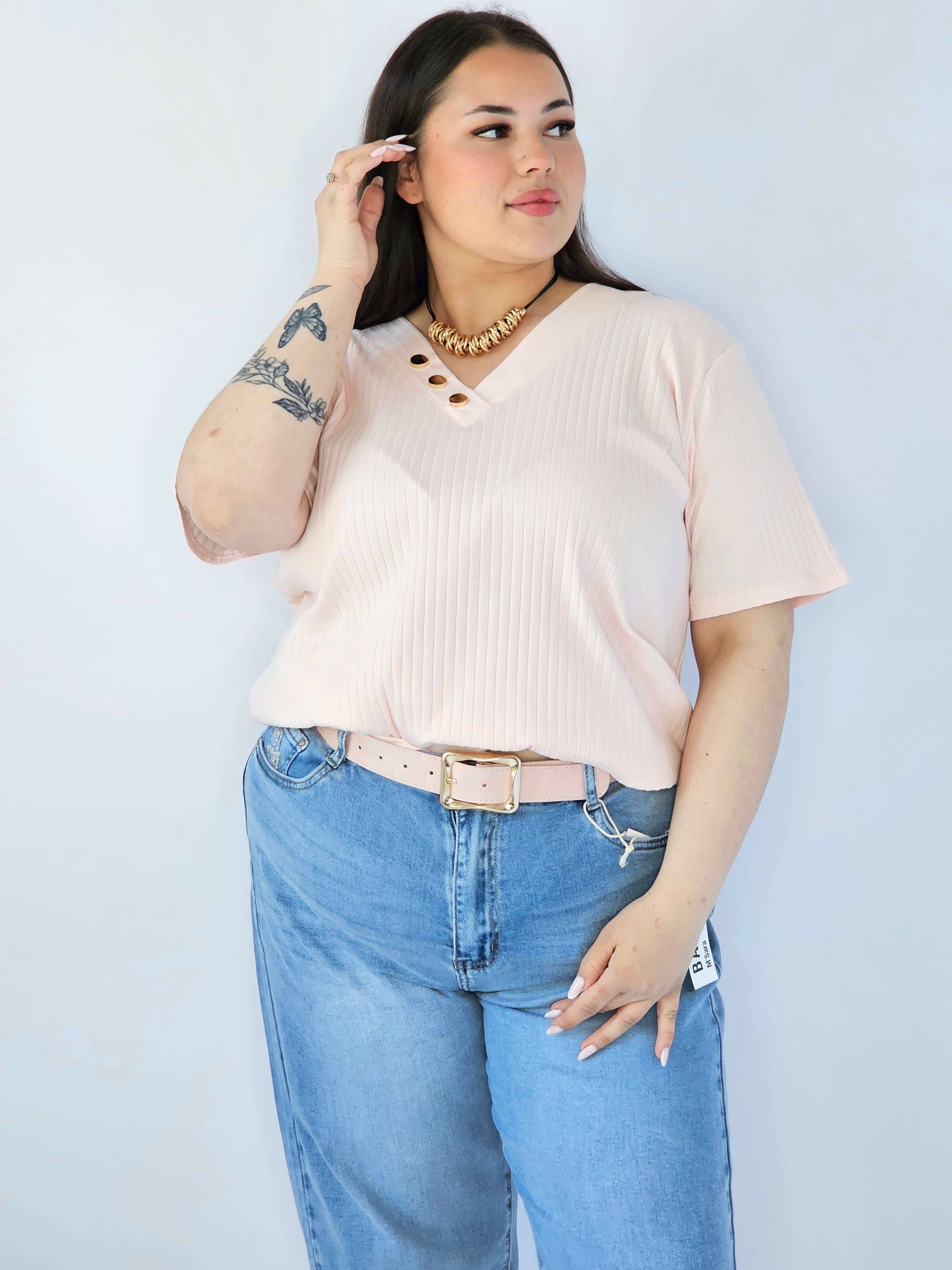 Bluzka Plus Size Z Dekoltem V I Ozdobnymi Guzikami Stylowa XL