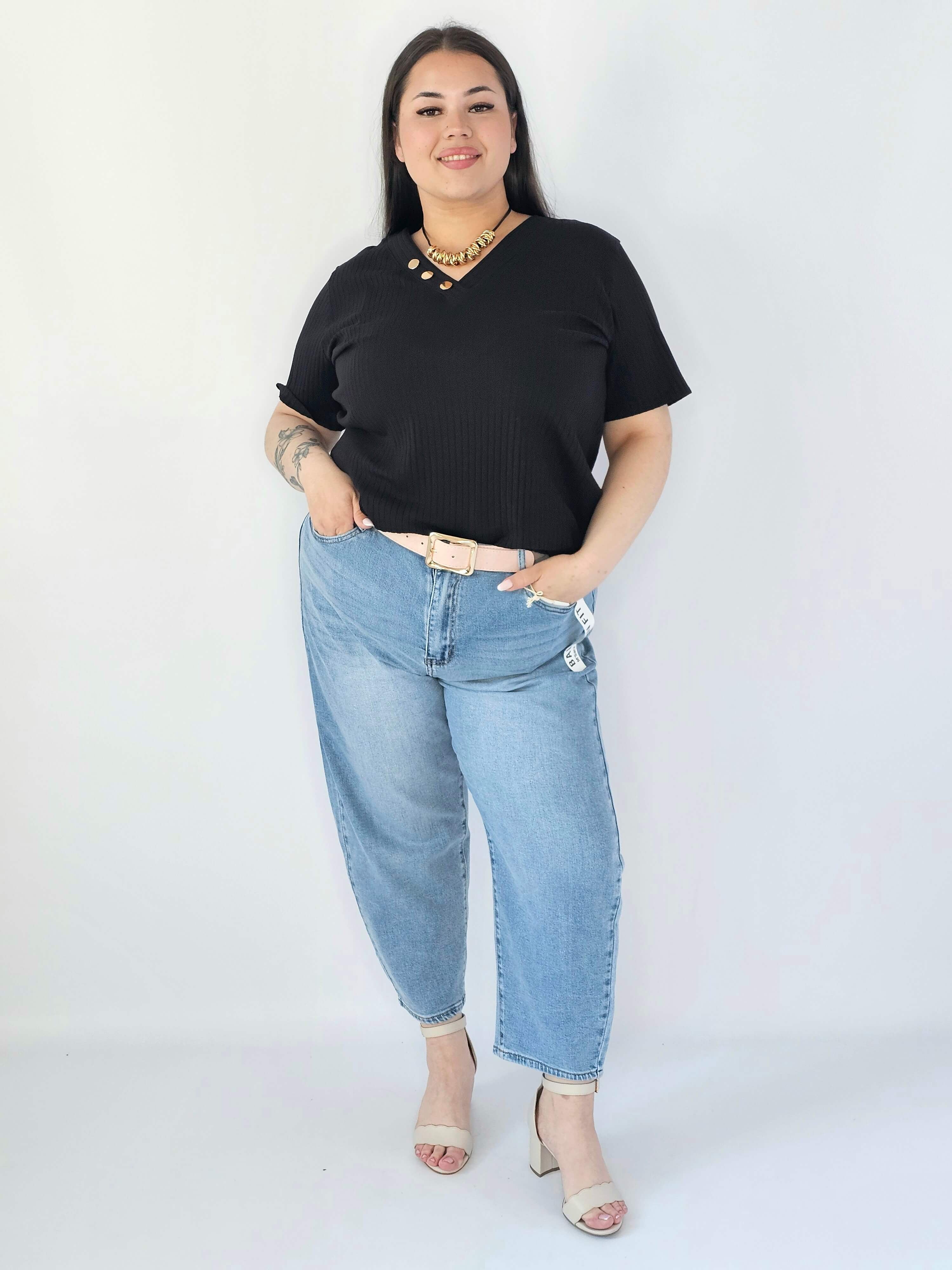 Bluzka Plus Size Z Dekoltem V I Ozdobnymi Guzikami Stylowa XL