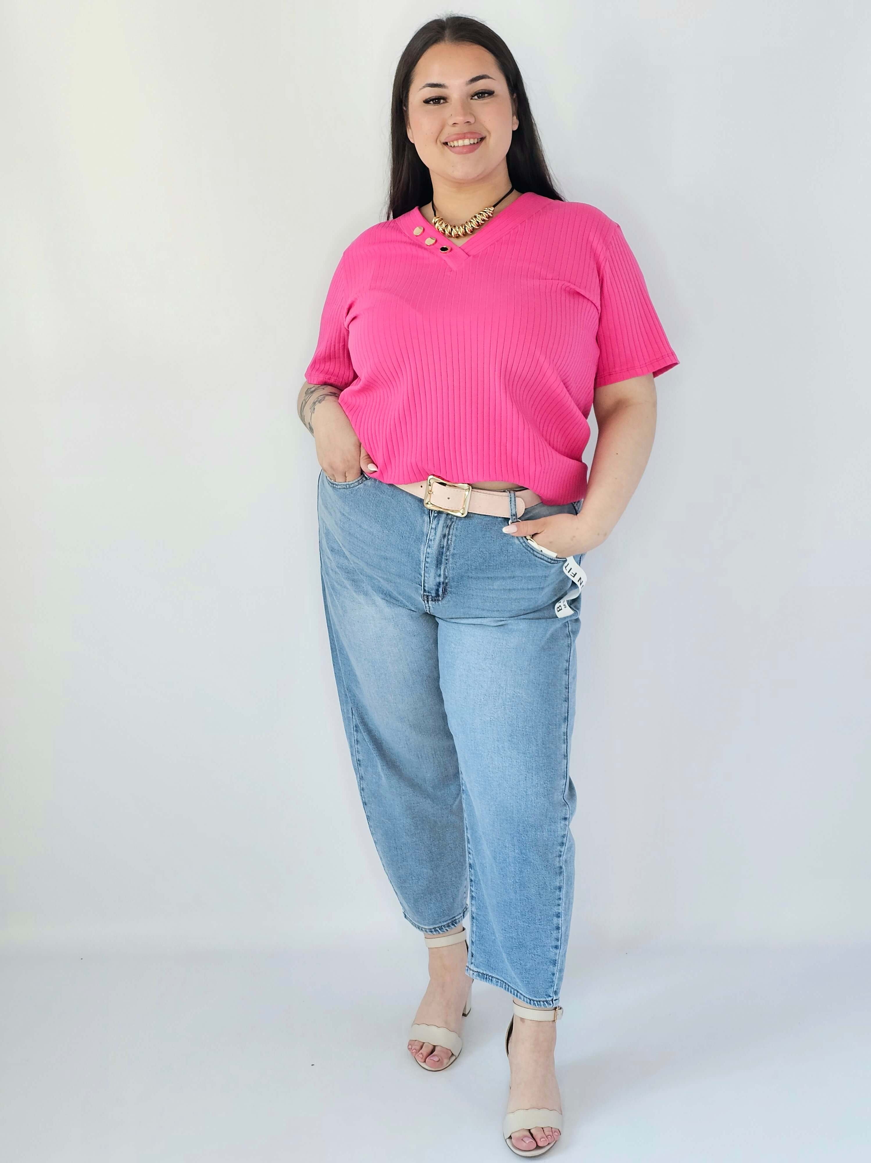 Bluzka Plus Size Z Dekoltem V I Ozdobnymi Guzikami Stylowa XL