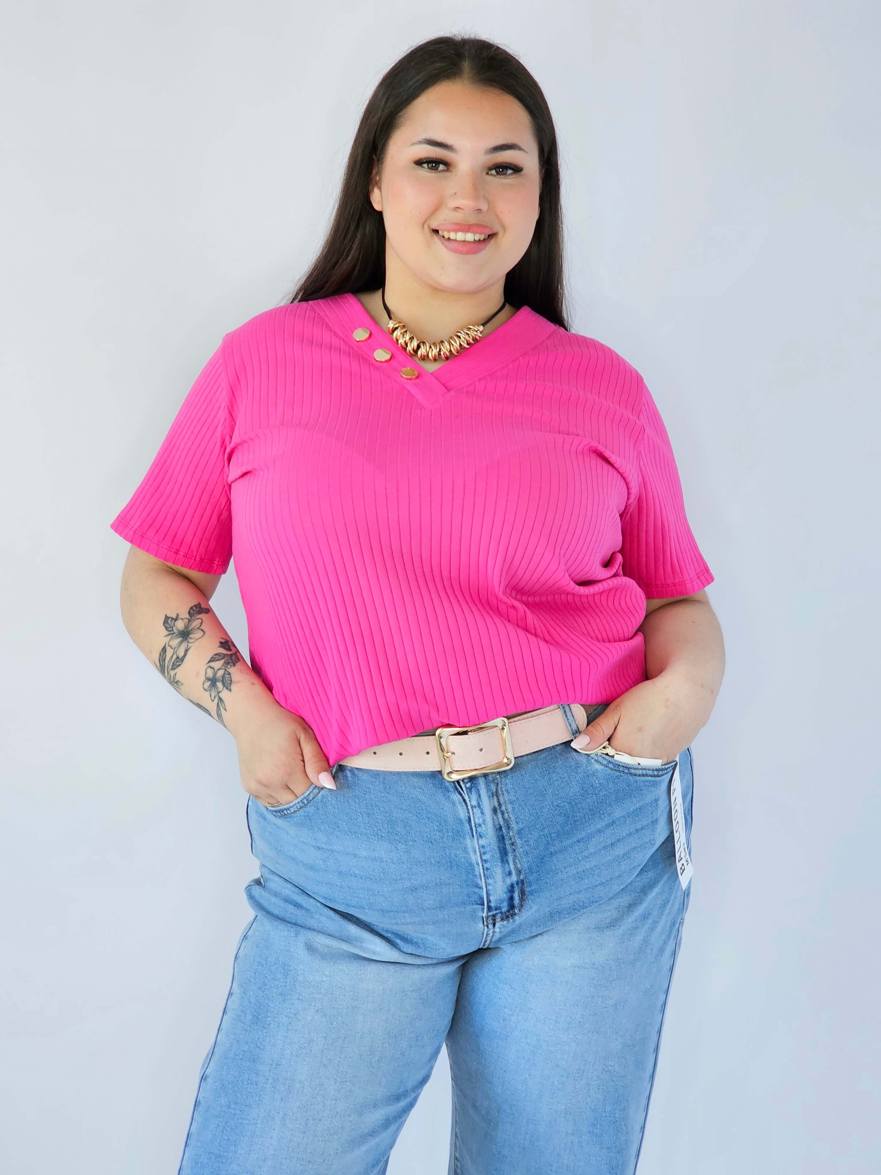 Bluzka Plus Size Z Dekoltem V I Ozdobnymi Guzikami Stylowa XL