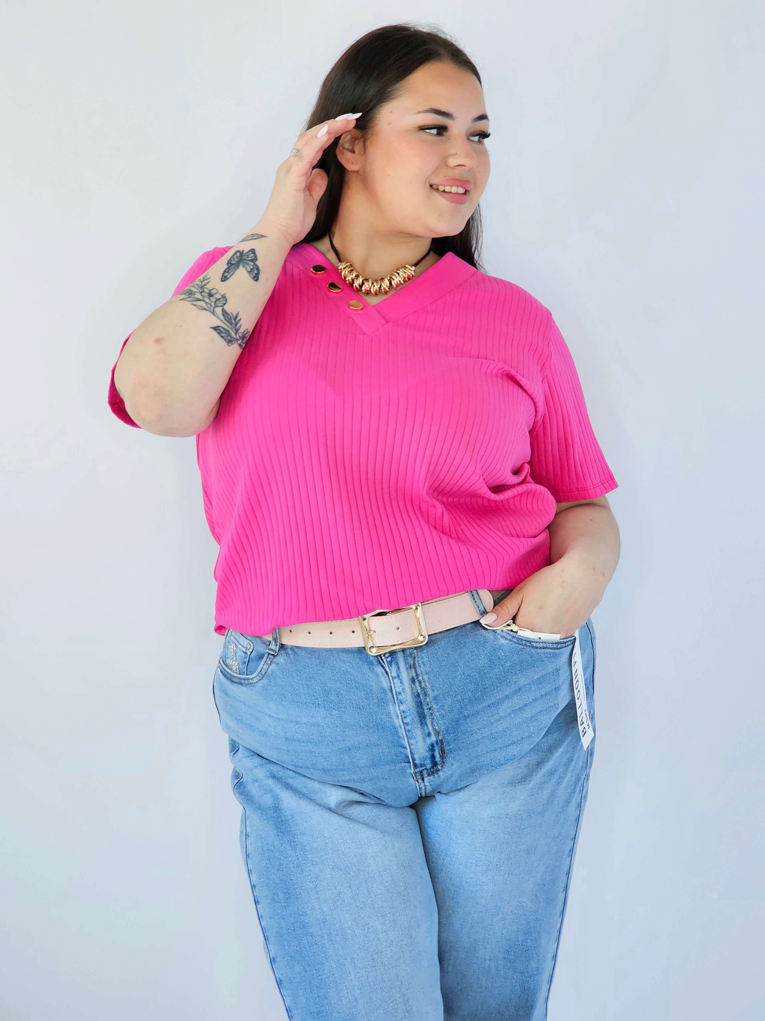 Bluzka Plus Size Z Dekoltem V I Ozdobnymi Guzikami Stylowa XL