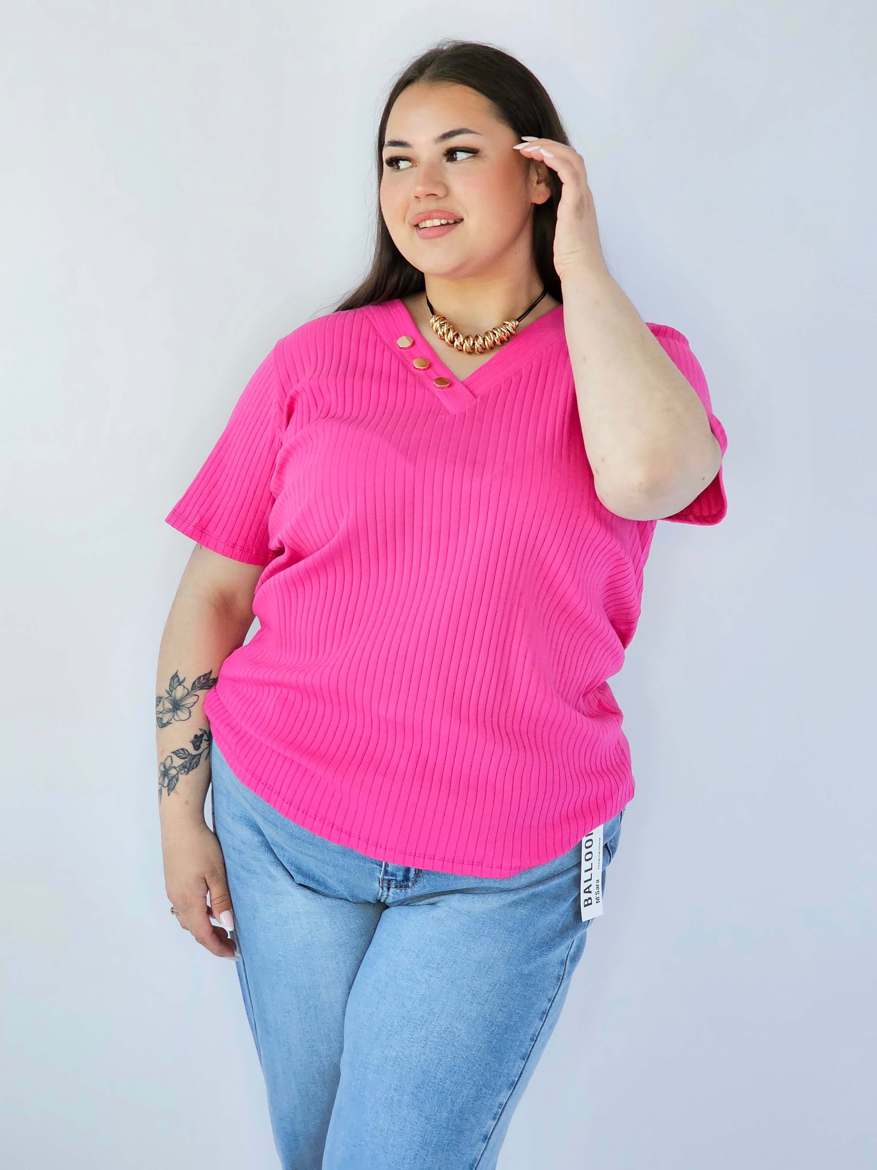 Bluzka Plus Size Z Dekoltem V I Ozdobnymi Guzikami Stylowa XL