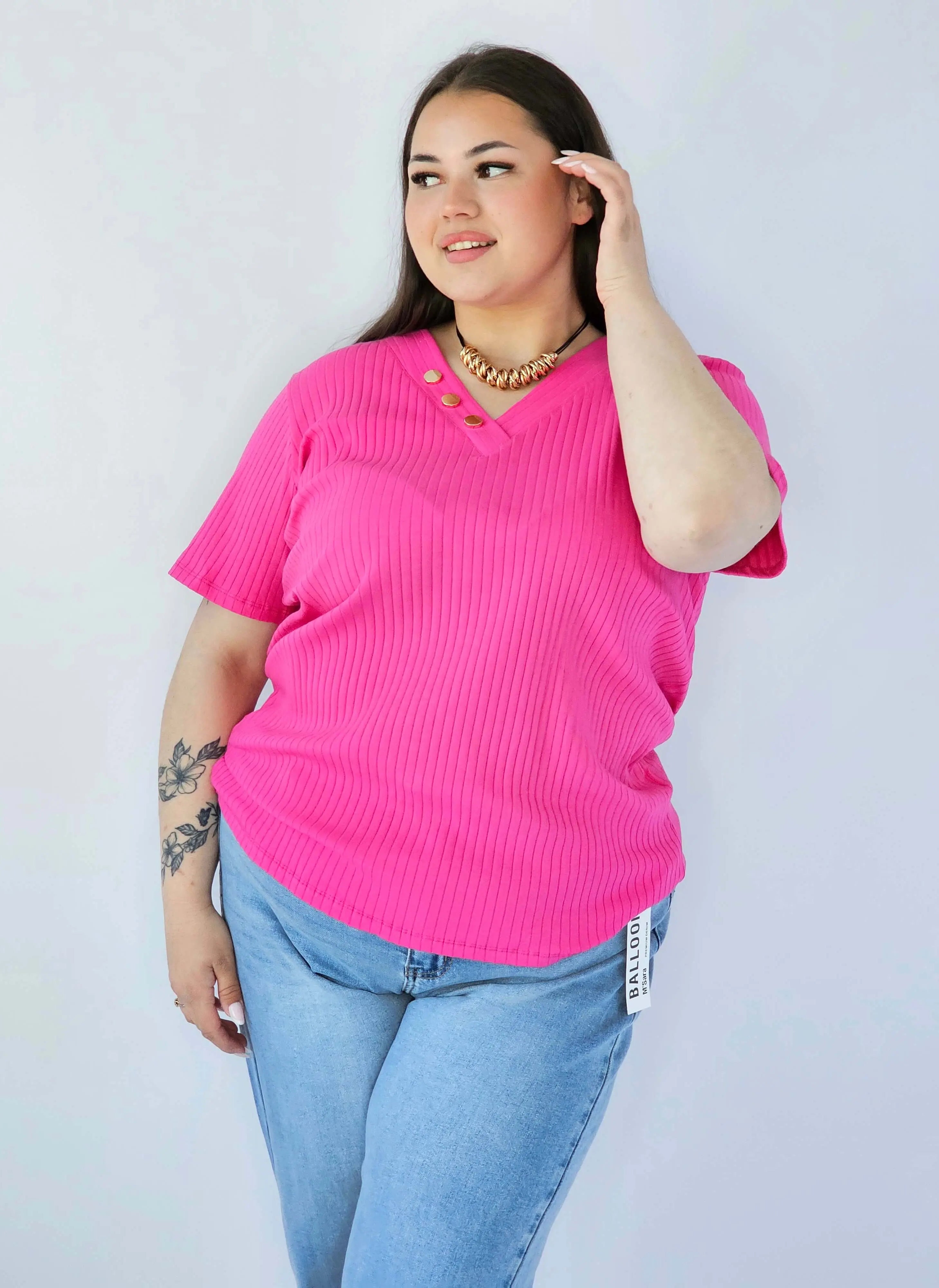 Bluzka Plus Size Z Dekoltem V I Ozdobnymi Guzikami Stylowa XL