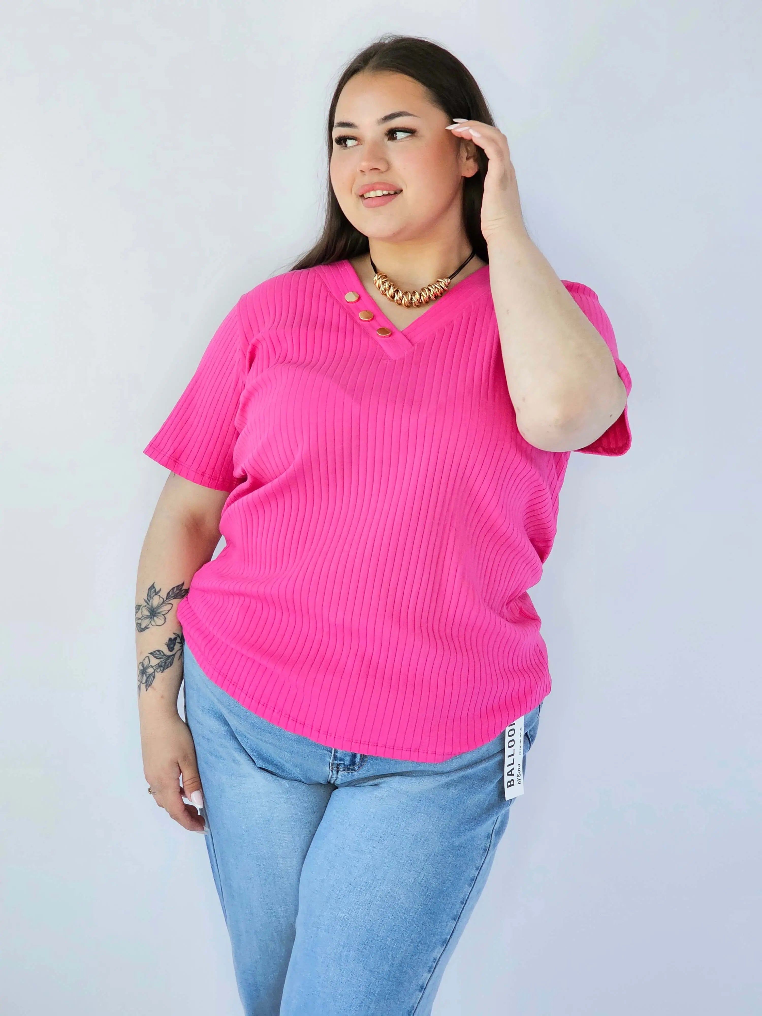 Bluzka Plus Size Z Dekoltem V I Ozdobnymi Guzikami Stylowa XL