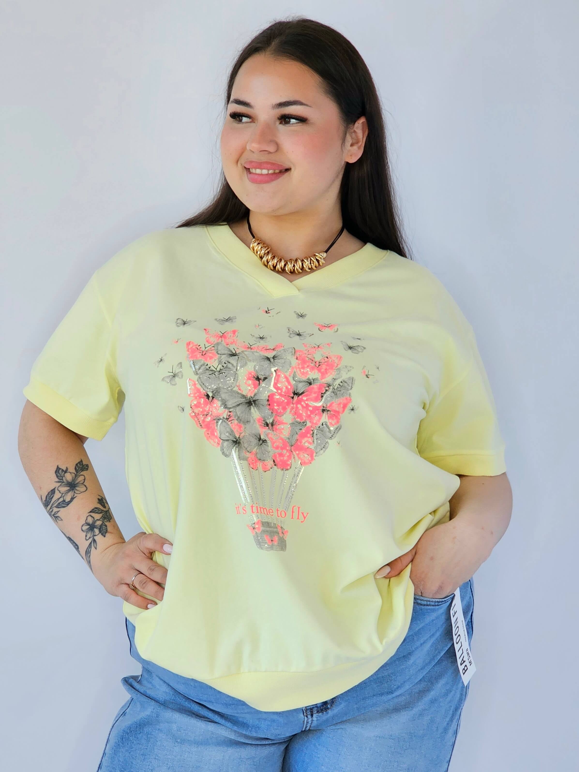 Bluzka Plus Size Z Dekoracyjnym Nadrukiem I Dekoltem V Stylowa XL