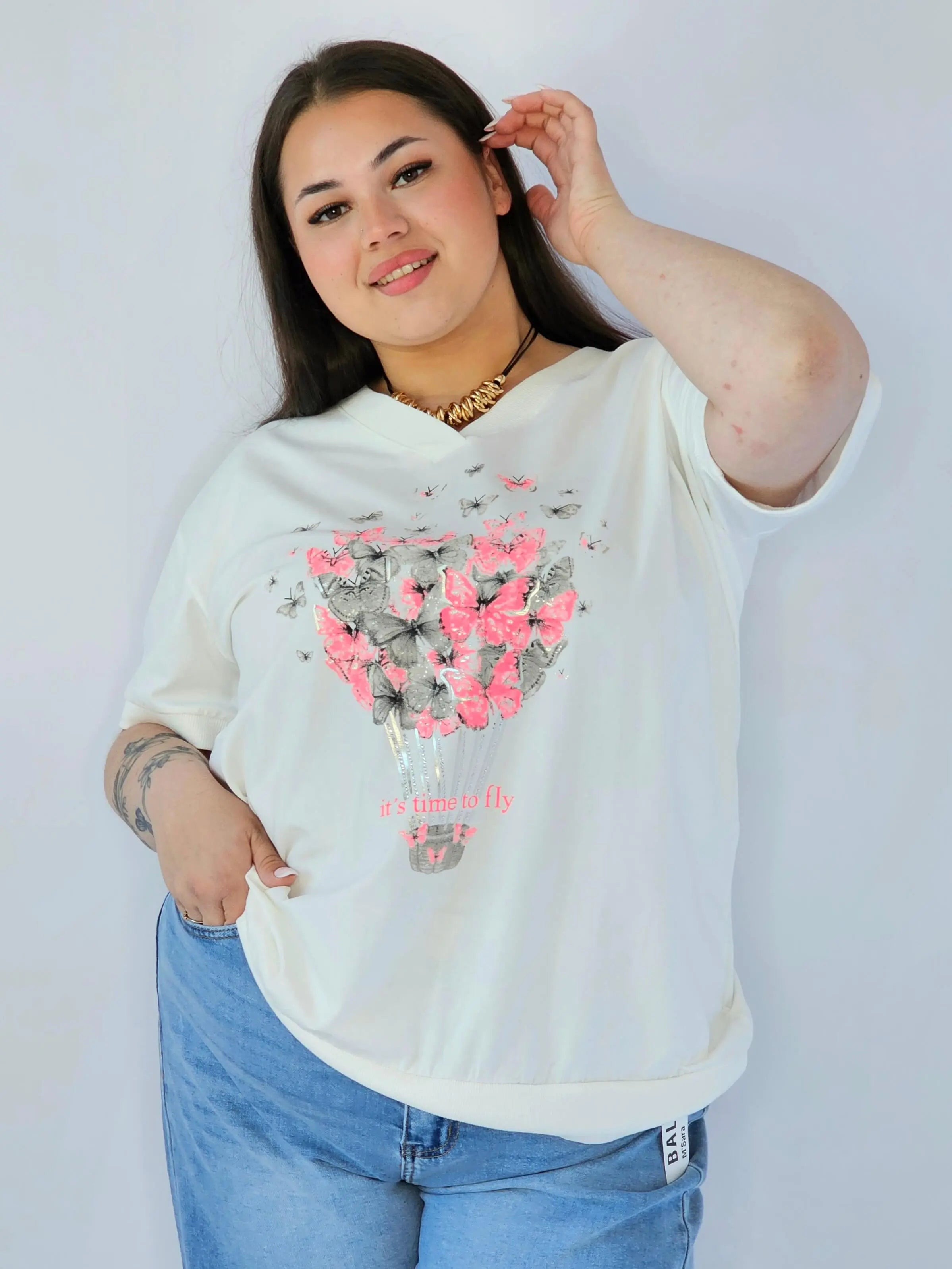 Bluzka Plus Size Z Dekoracyjnym Nadrukiem I Dekoltem V Stylowa XL