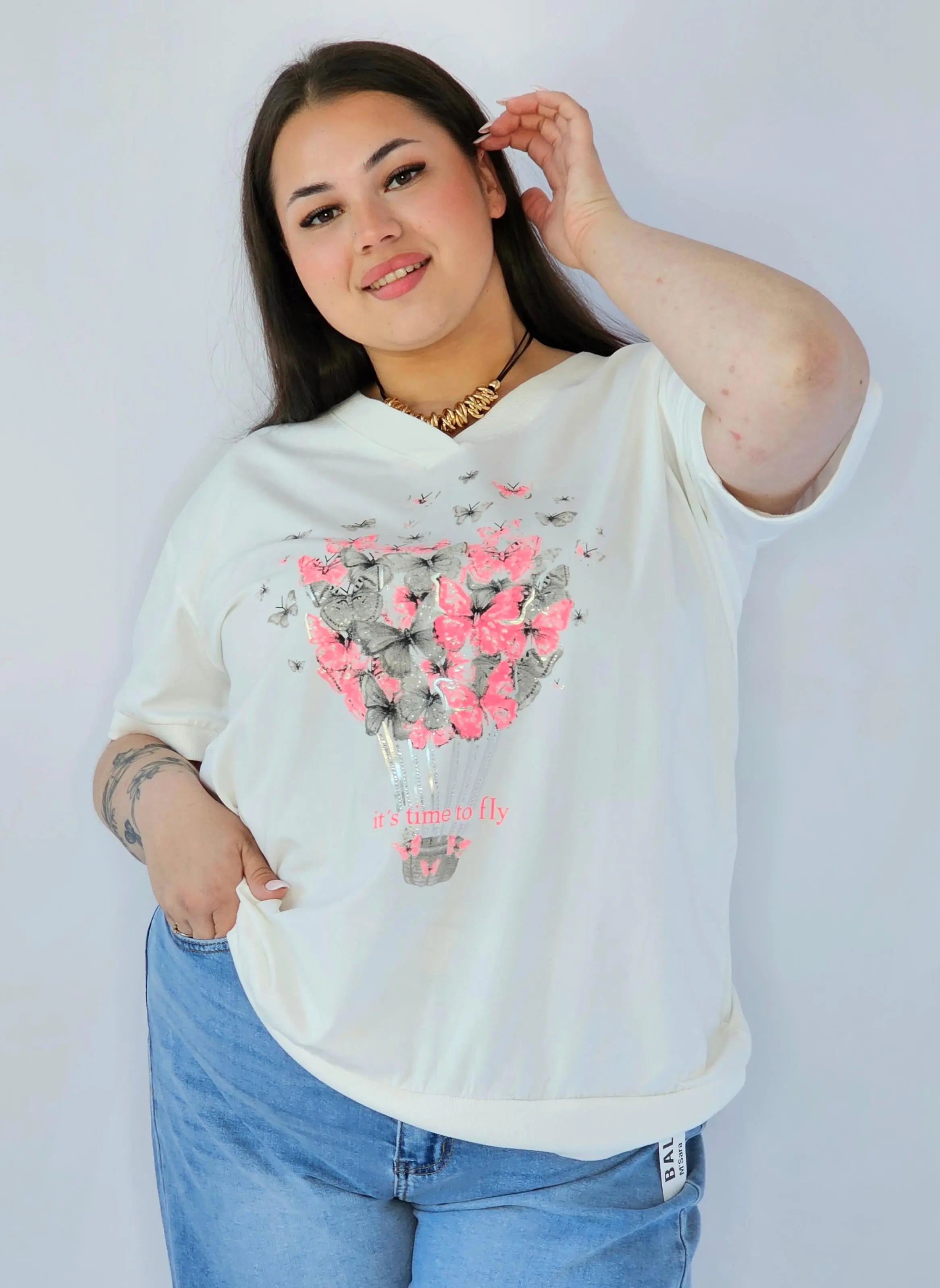 Bluzka Plus Size Z Dekoracyjnym Nadrukiem I Dekoltem V Stylowa XL
