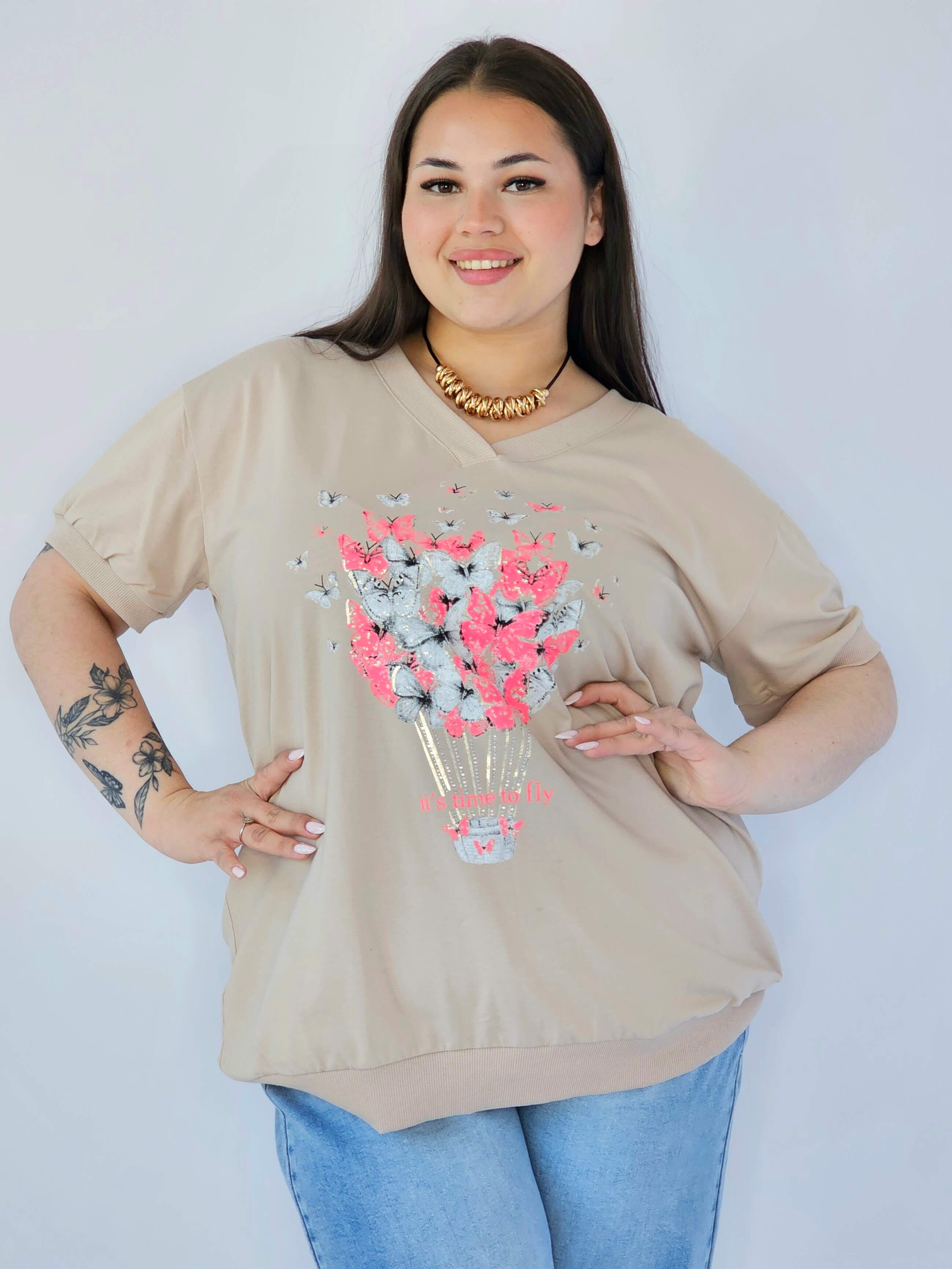 Bluzka Plus Size Z Dekoracyjnym Nadrukiem I Dekoltem V Stylowa XL