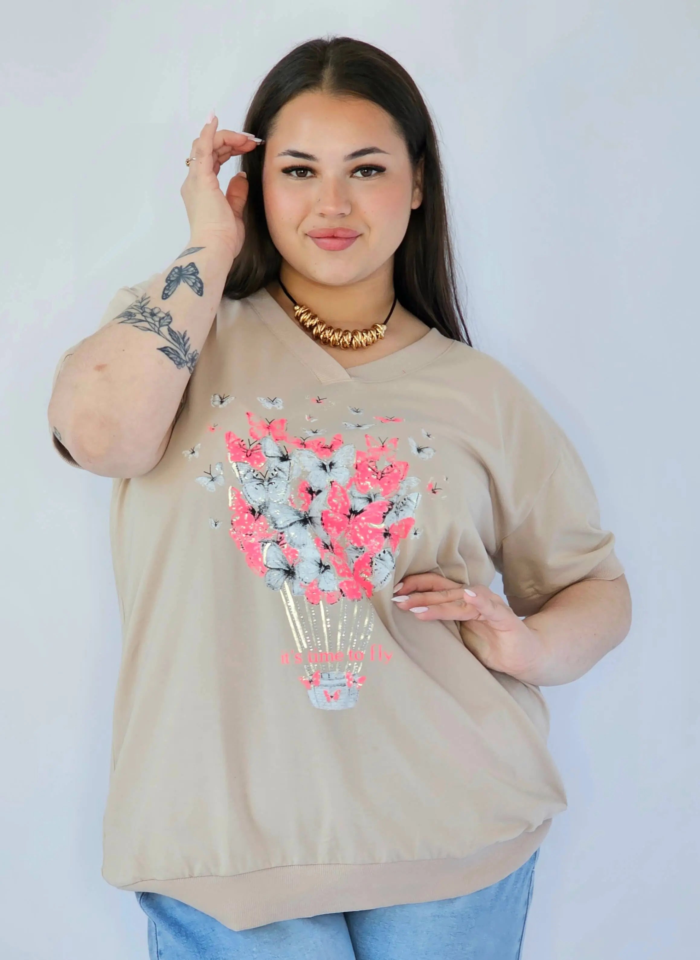Bluzka Plus Size Z Dekoracyjnym Nadrukiem I Dekoltem V Stylowa XL