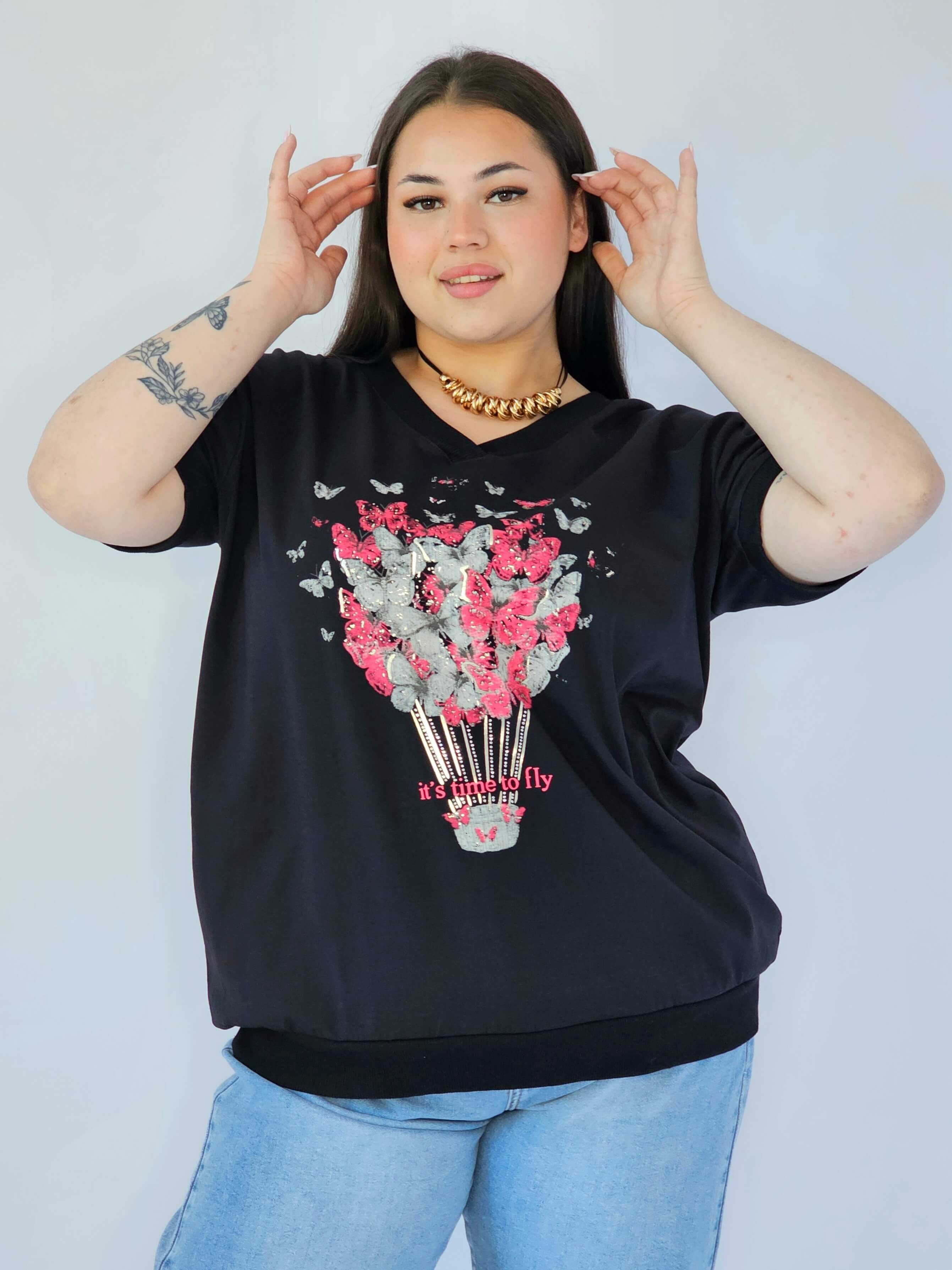 Bluzka Plus Size Z Dekoracyjnym Nadrukiem I Dekoltem V Stylowa XL
