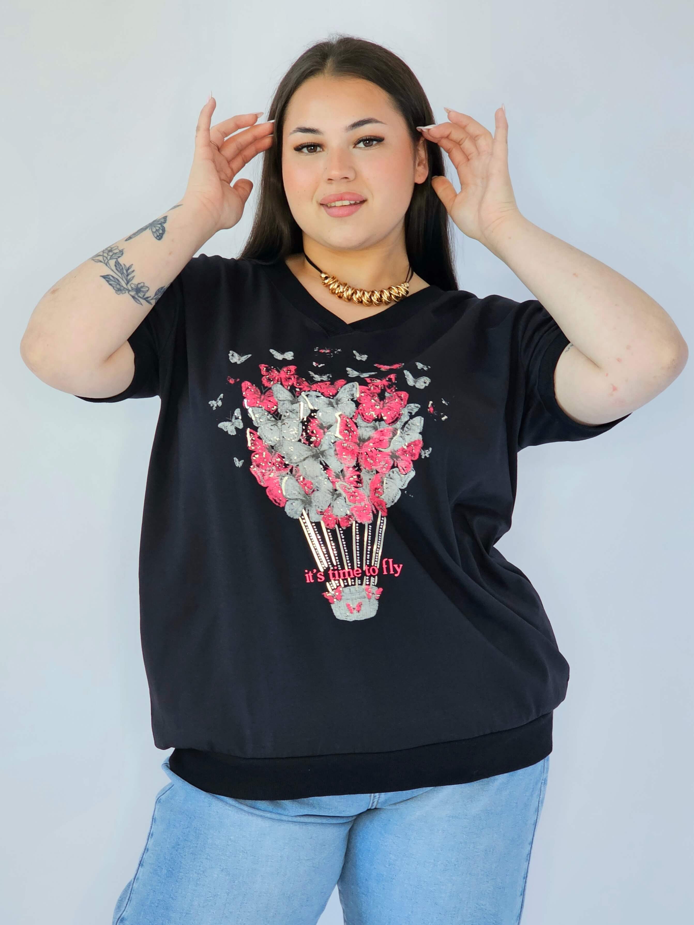 Bluzka Plus Size Z Dekoracyjnym Nadrukiem I Dekoltem V Stylowa XL