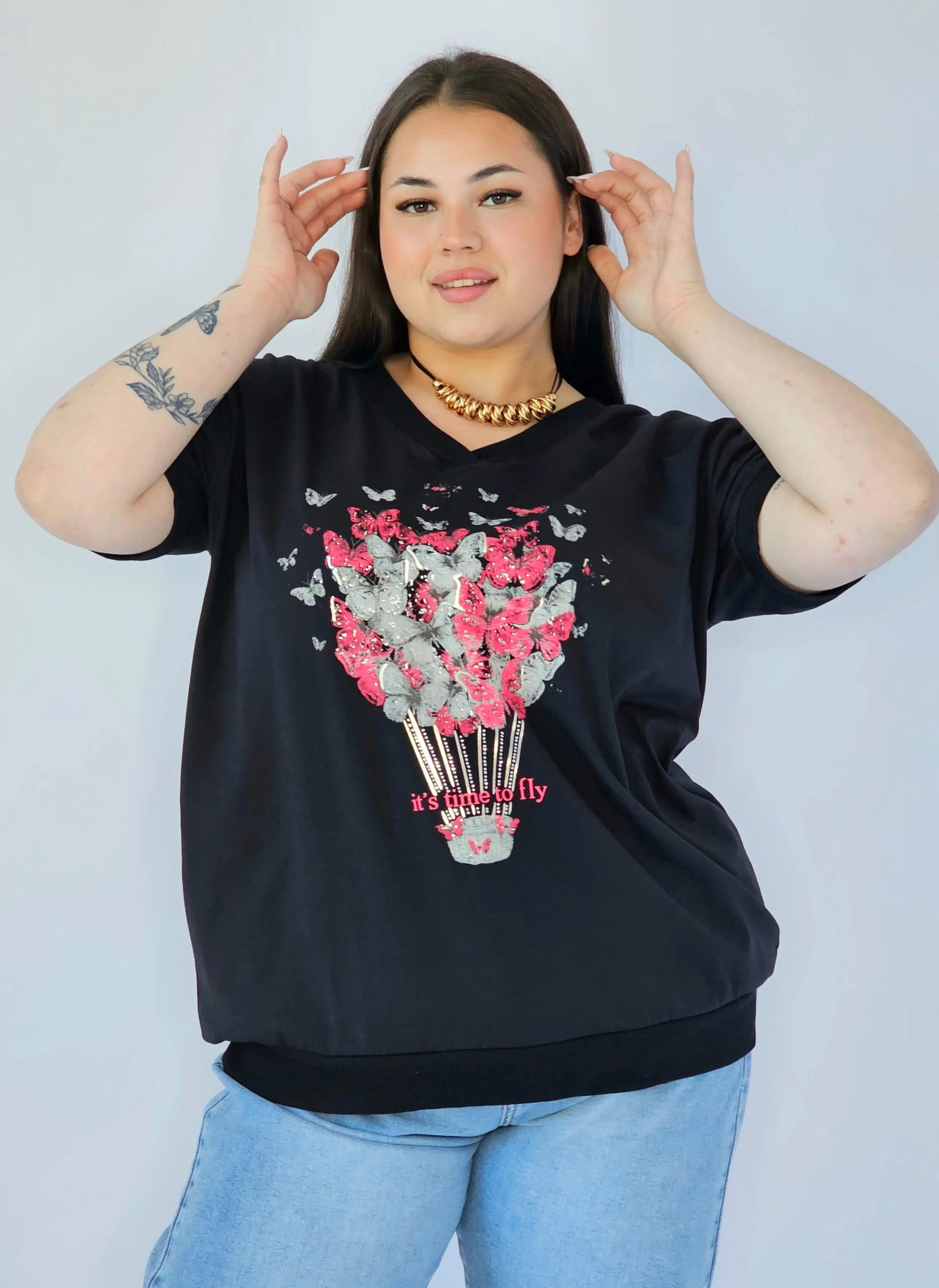 Bluzka Plus Size Z Dekoracyjnym Nadrukiem I Dekoltem V Stylowa XL