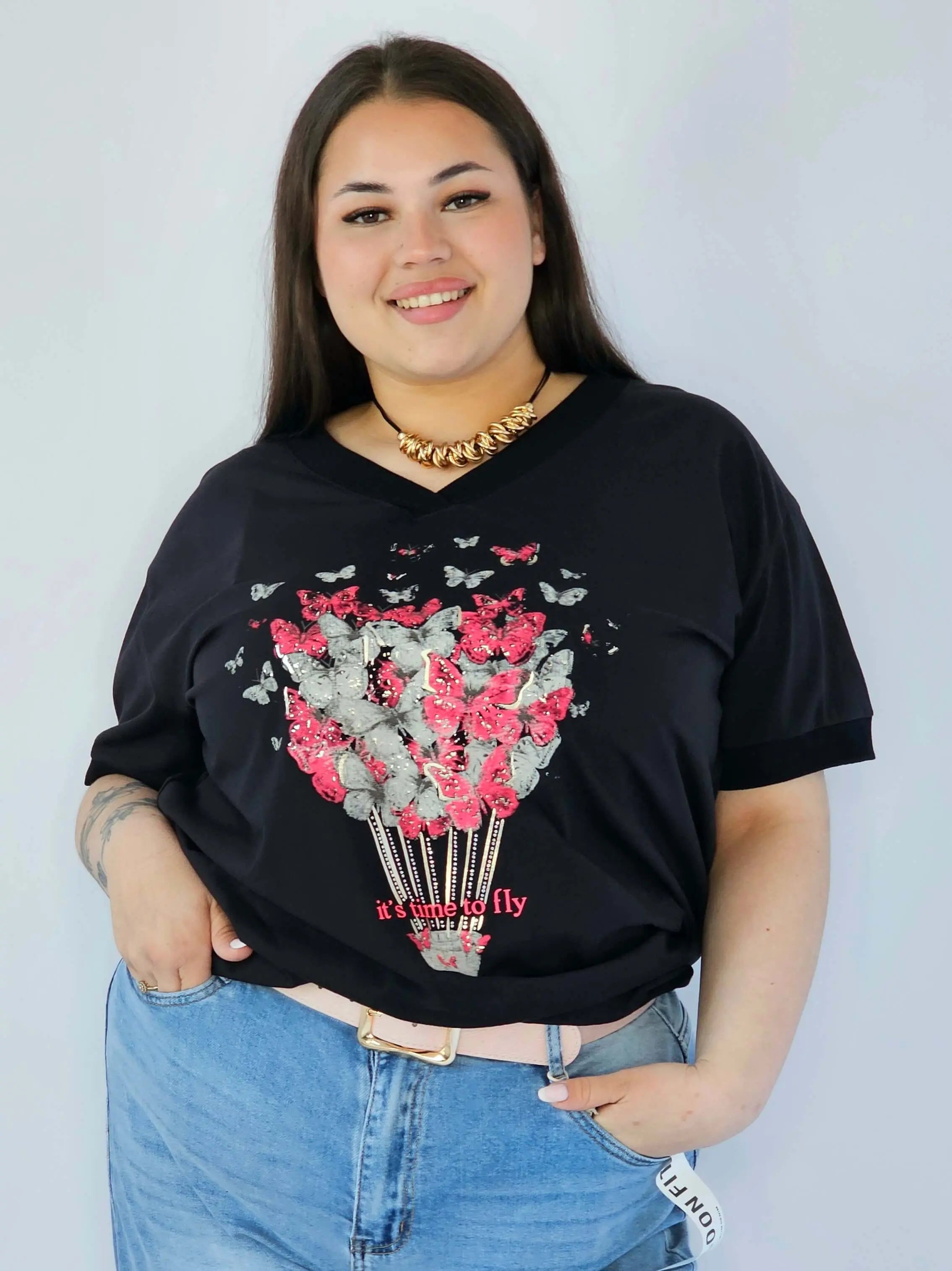 Bluzka Plus Size Z Dekoracyjnym Nadrukiem I Dekoltem V Stylowa XL