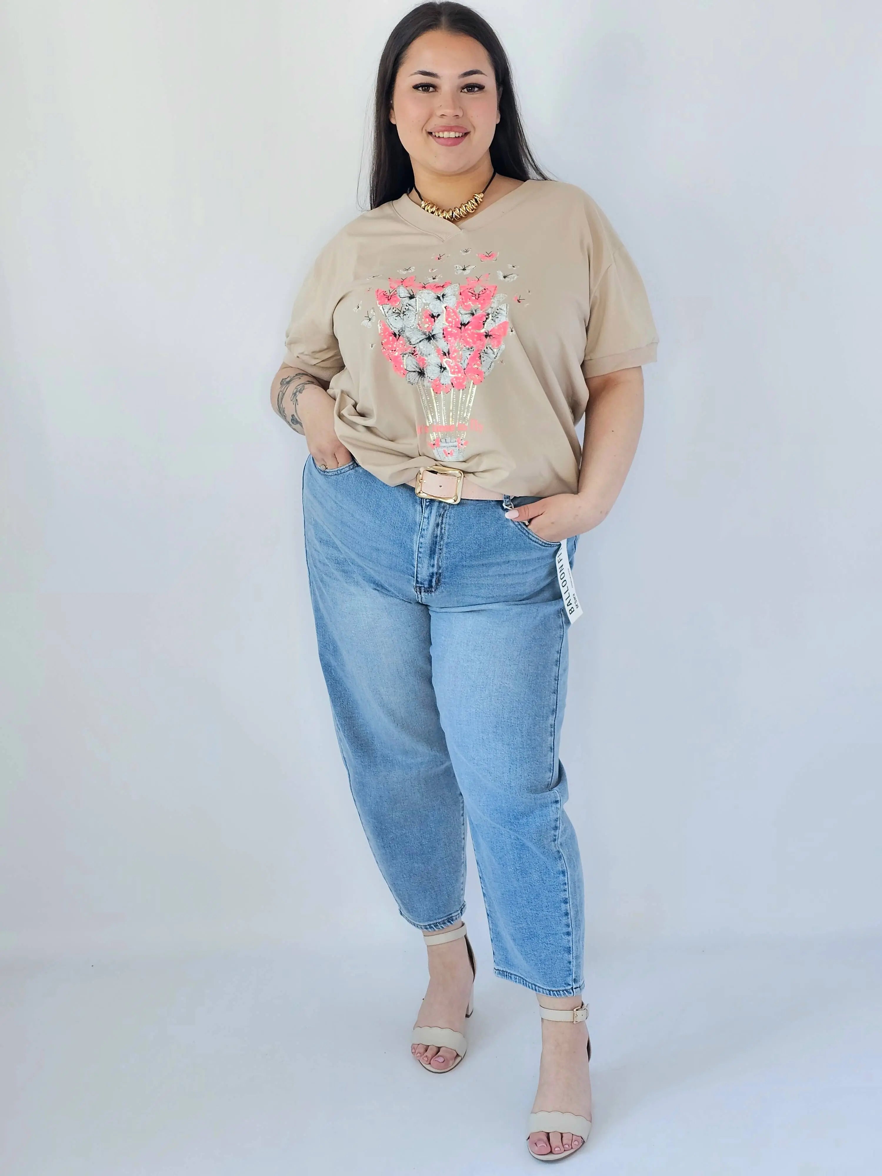 Bluzka Plus Size Z Dekoracyjnym Nadrukiem I Dekoltem V Stylowa XL