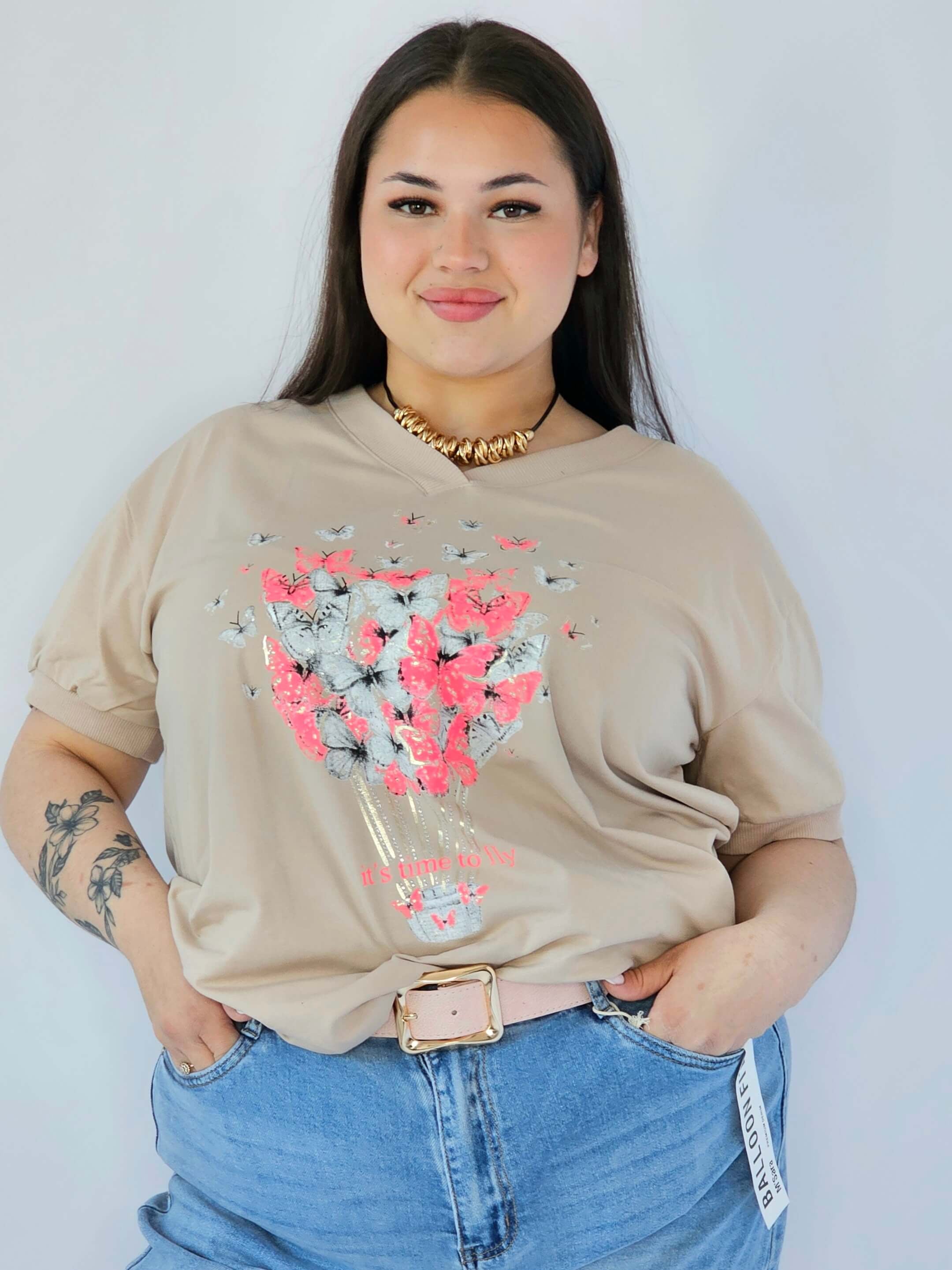 Bluzka Plus Size Z Dekoracyjnym Nadrukiem I Dekoltem V Stylowa XL