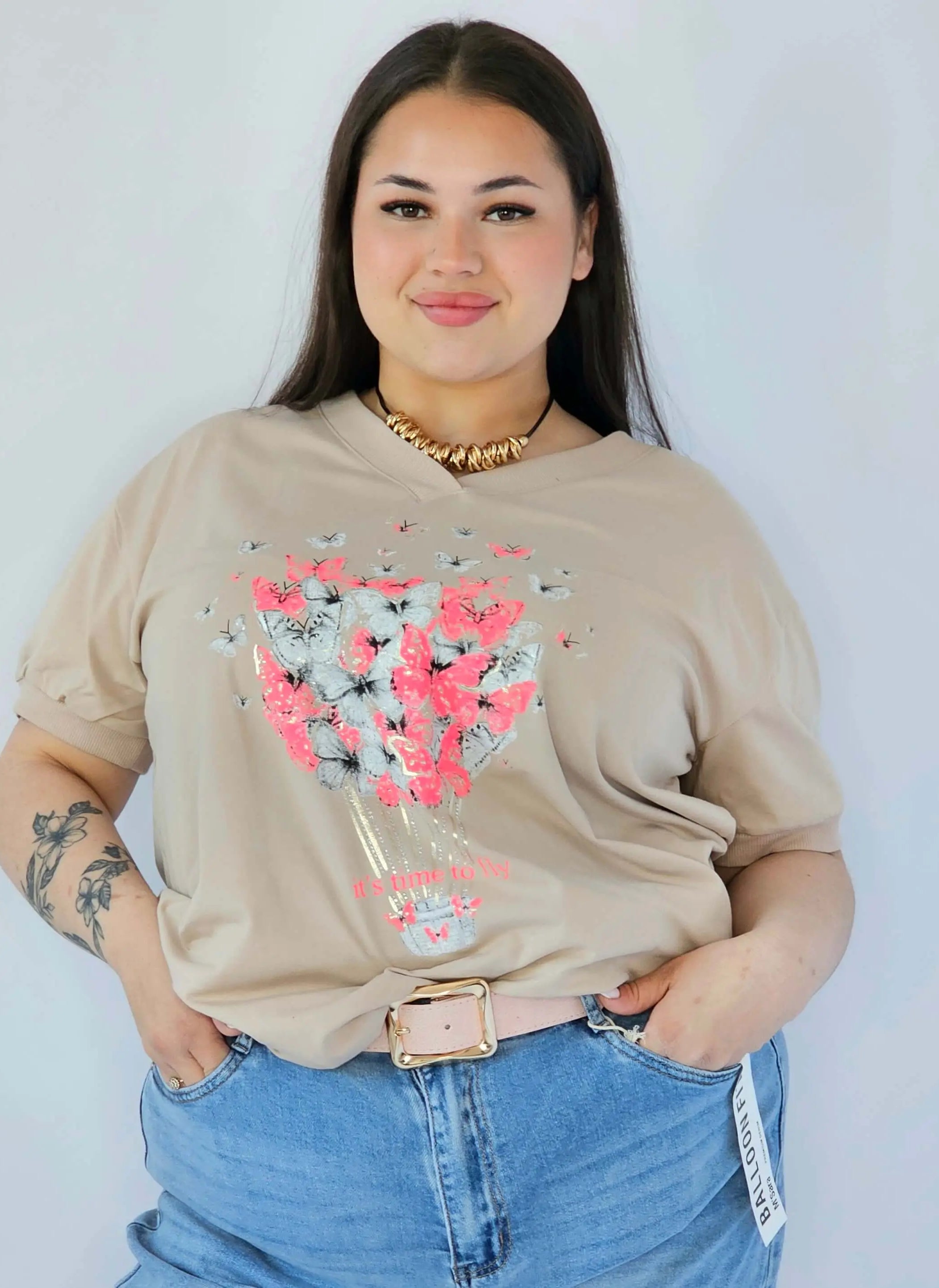 Bluzka Plus Size Z Dekoracyjnym Nadrukiem I Dekoltem V Stylowa XL