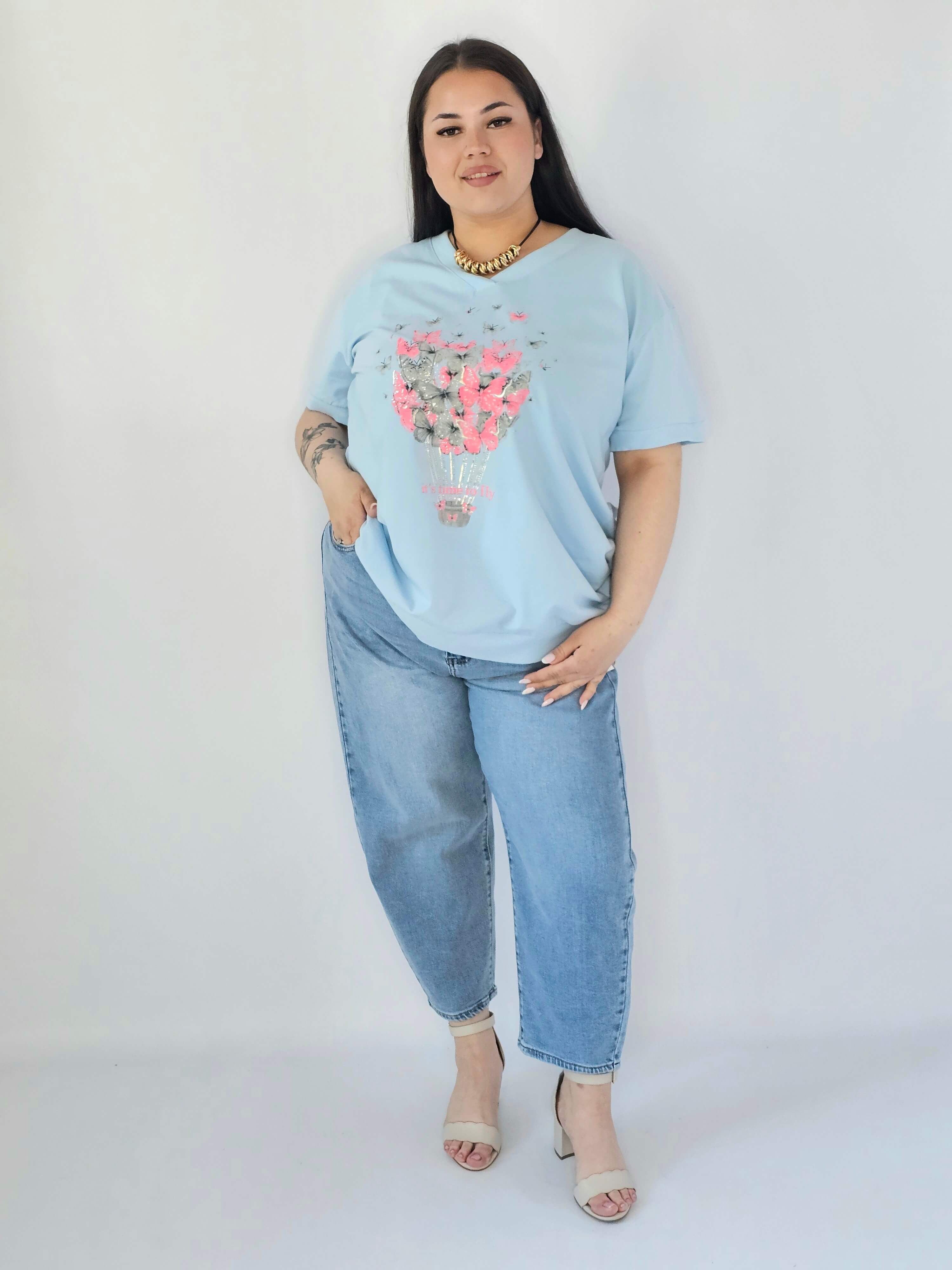 Bluzka Plus Size Z Dekoracyjnym Nadrukiem I Dekoltem V Stylowa XL