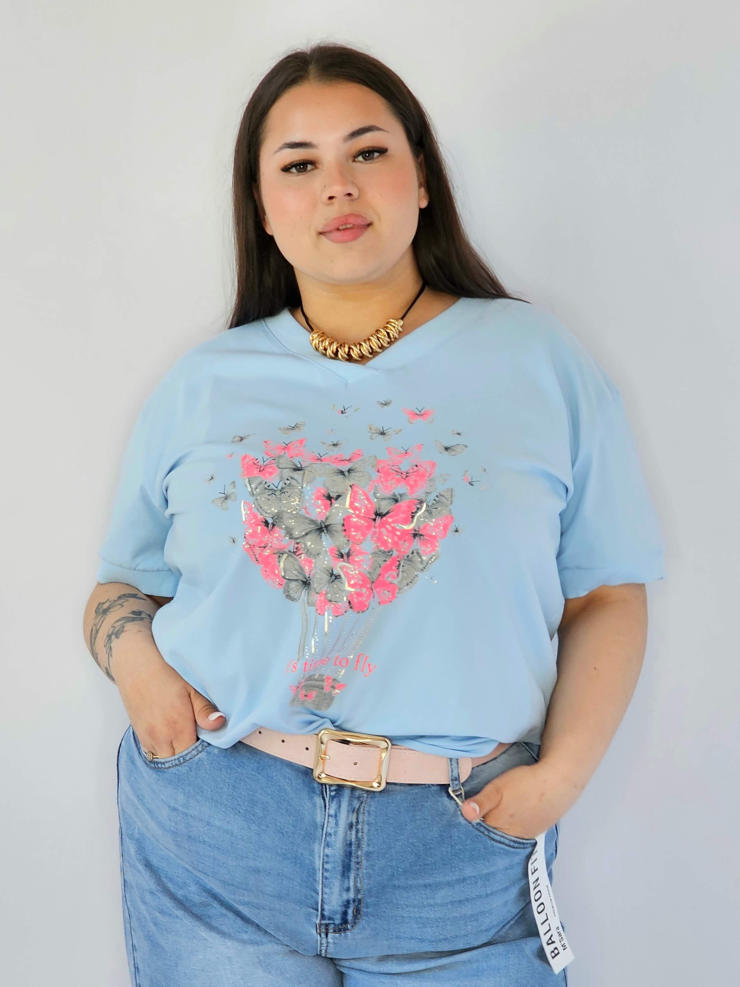 Bluzka Plus Size Z Dekoracyjnym Nadrukiem I Dekoltem V Stylowa XL