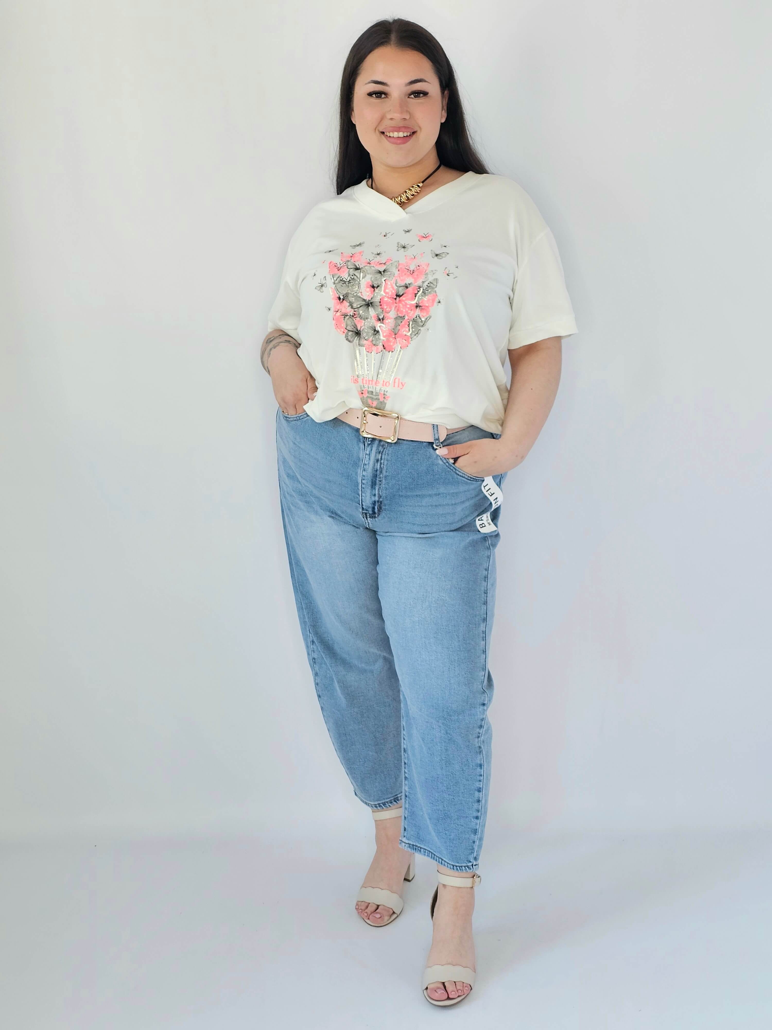 Bluzka Plus Size Z Dekoracyjnym Nadrukiem I Dekoltem V Stylowa XL