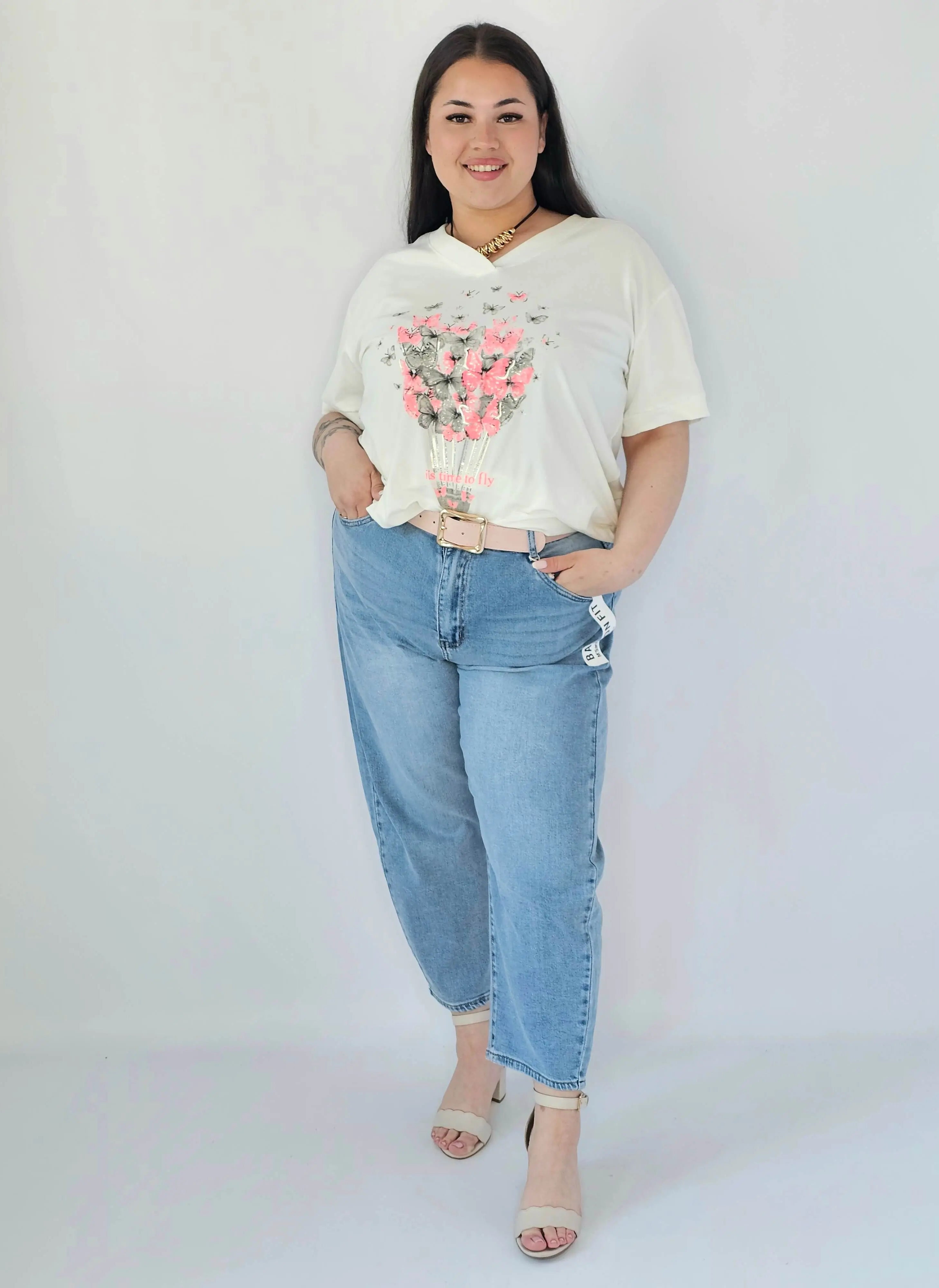 Bluzka Plus Size Z Dekoracyjnym Nadrukiem I Dekoltem V Stylowa XL
