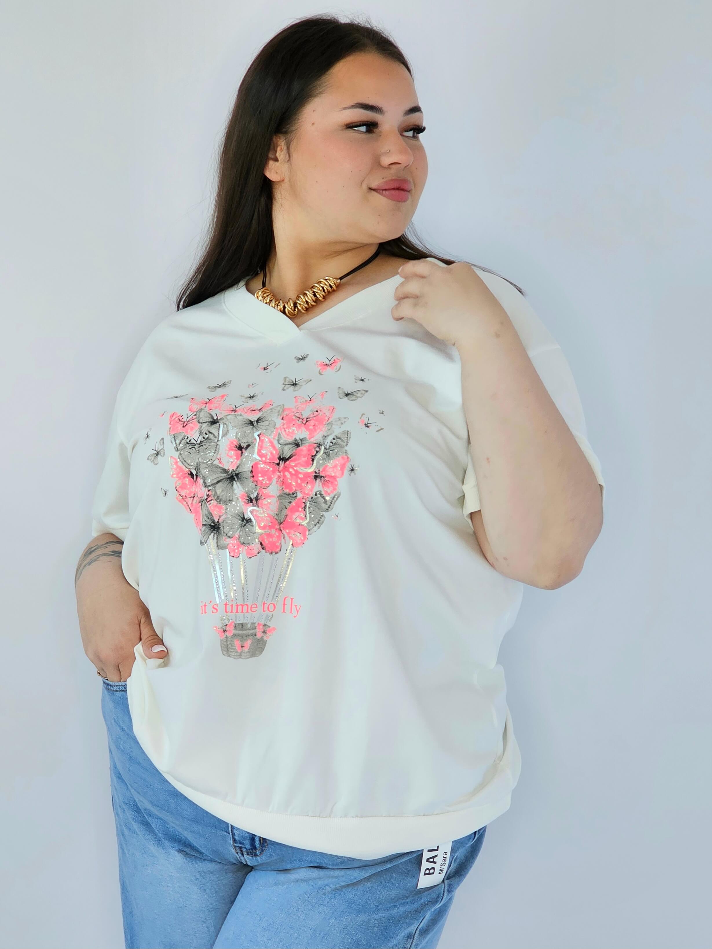 Bluzka Plus Size Z Dekoracyjnym Nadrukiem I Dekoltem V Stylowa XL