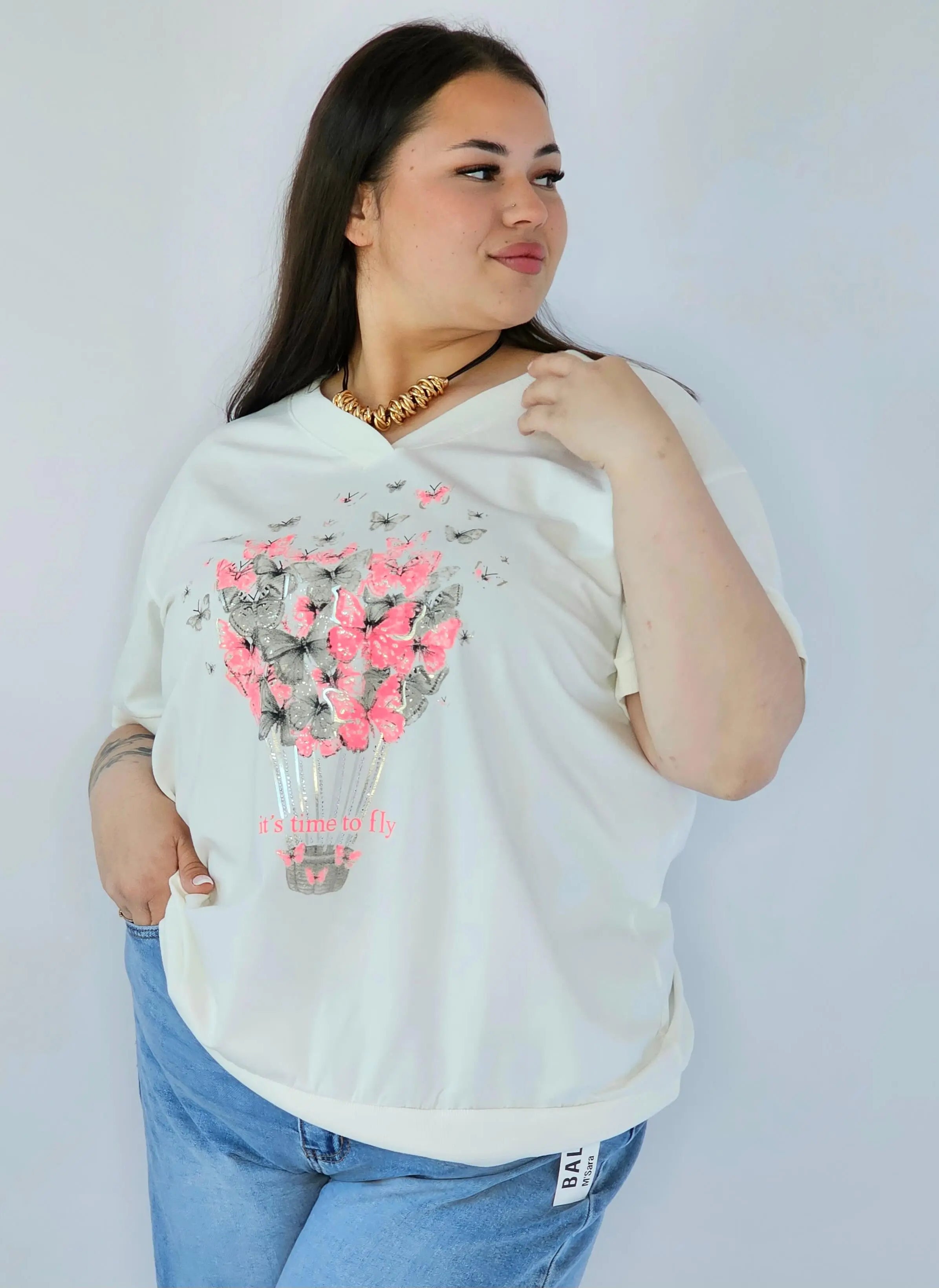 Bluzka Plus Size Z Dekoracyjnym Nadrukiem I Dekoltem V Stylowa XL