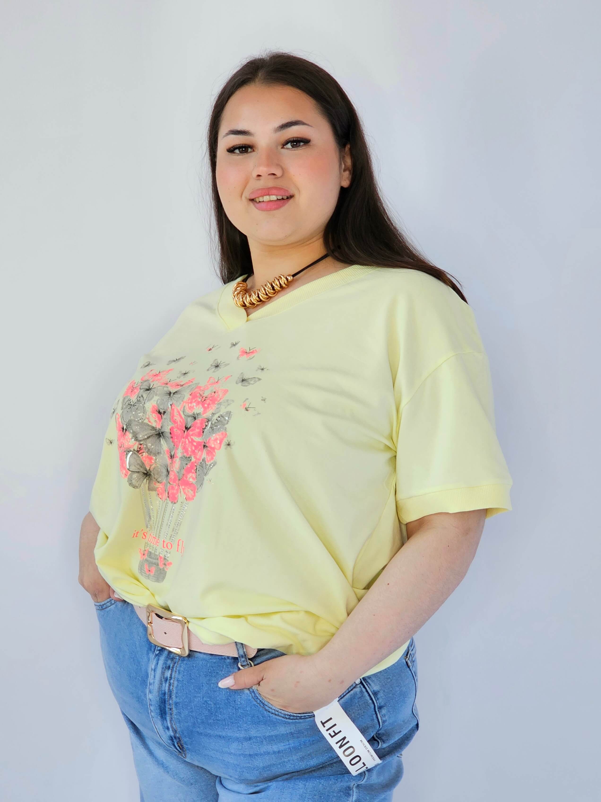 Bluzka Plus Size Z Dekoracyjnym Nadrukiem I Dekoltem V Stylowa XL