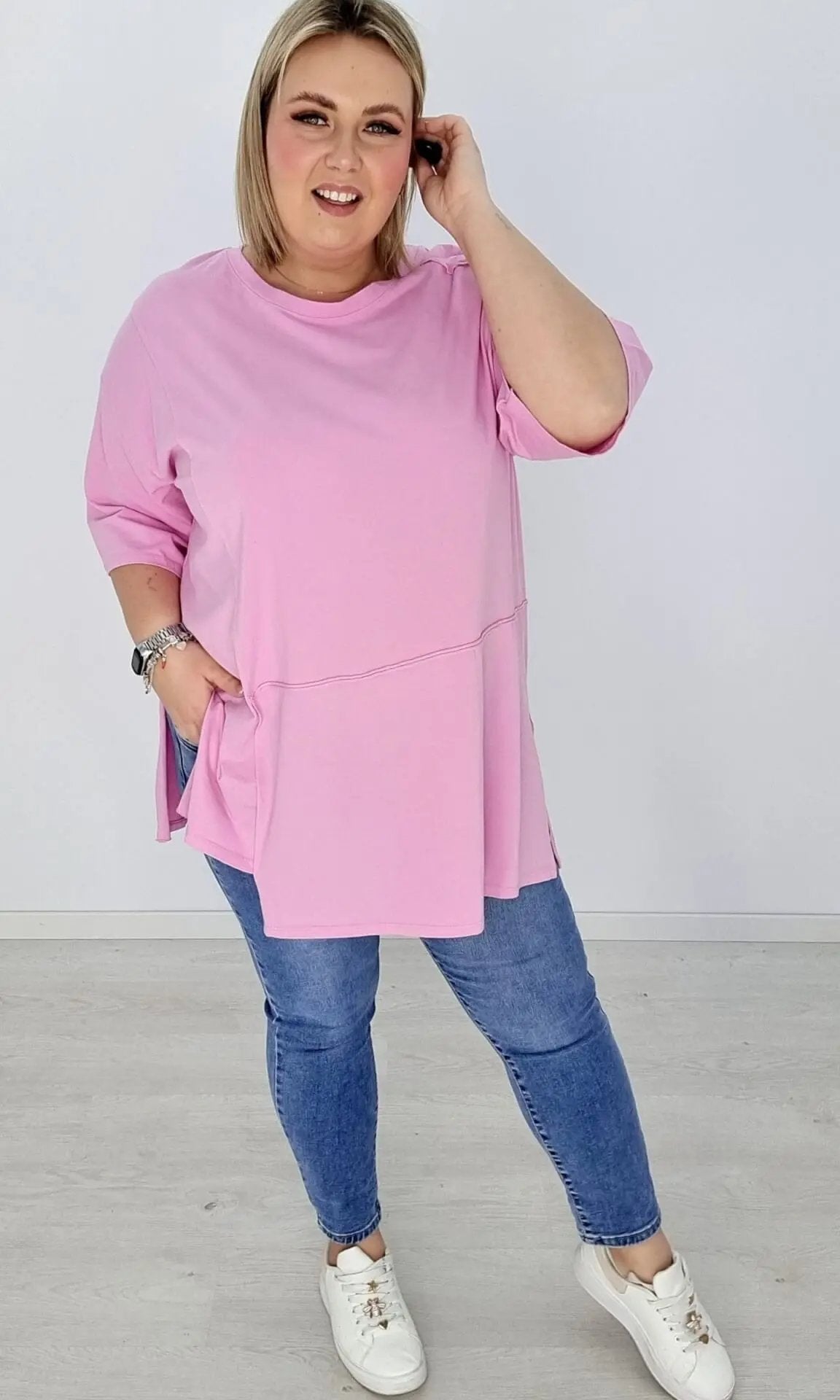 Bluzka bawełniana z rozcięciami po bokach - róż Stylowa XL