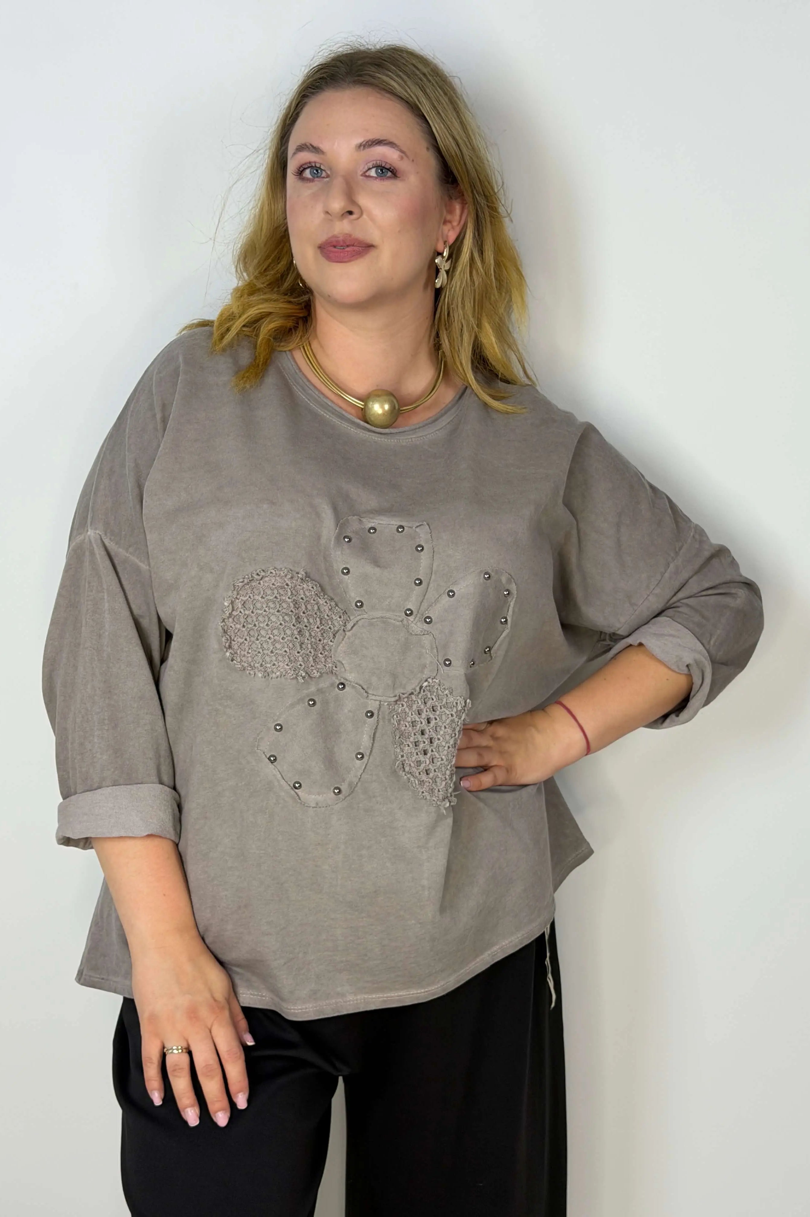 Bluzka damska Plus Size z ozdobnym kwiatem 3D Stylowa XL