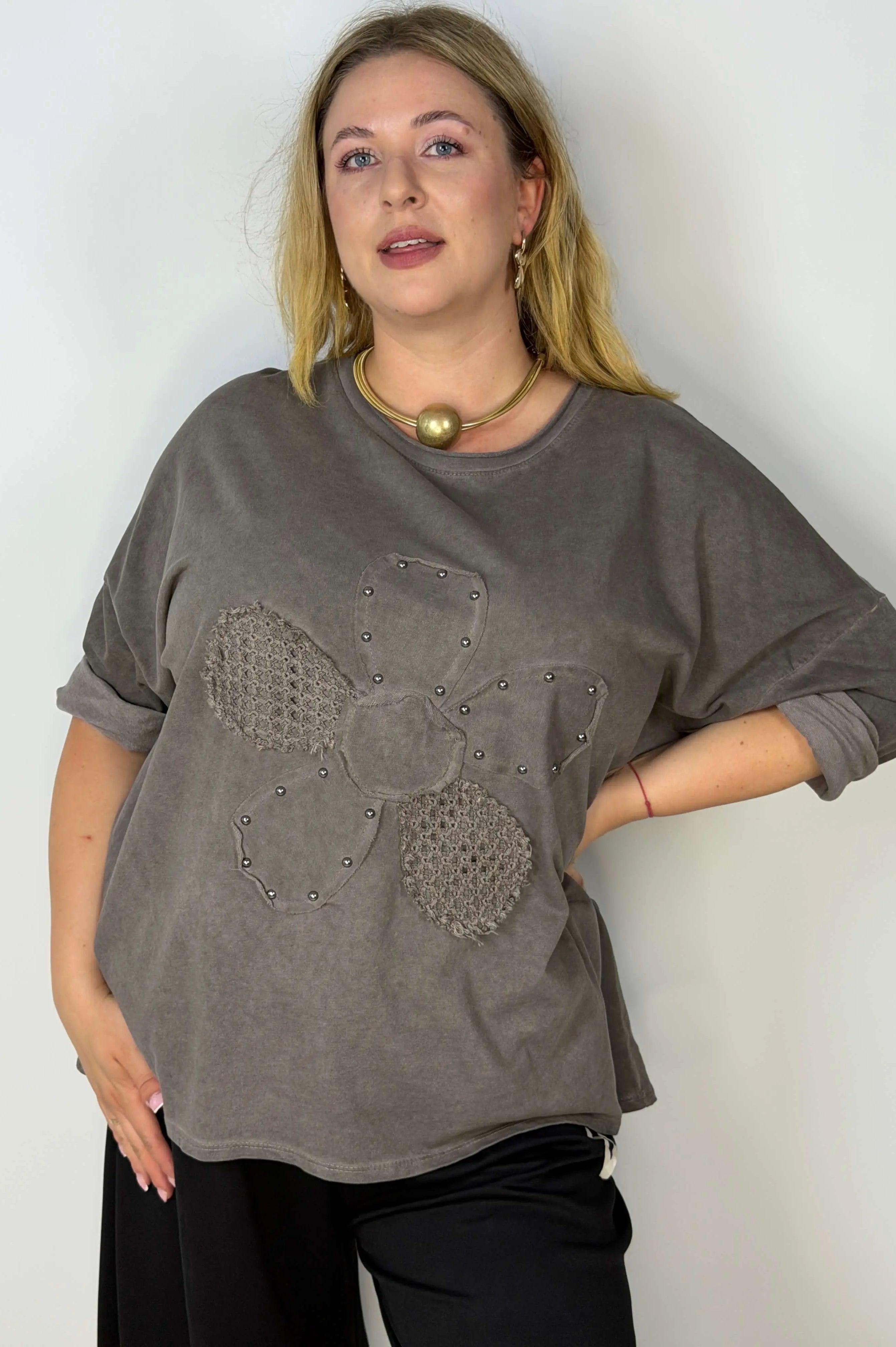 Bluzka damska Plus Size z ozdobnym kwiatem 3D Stylowa XL