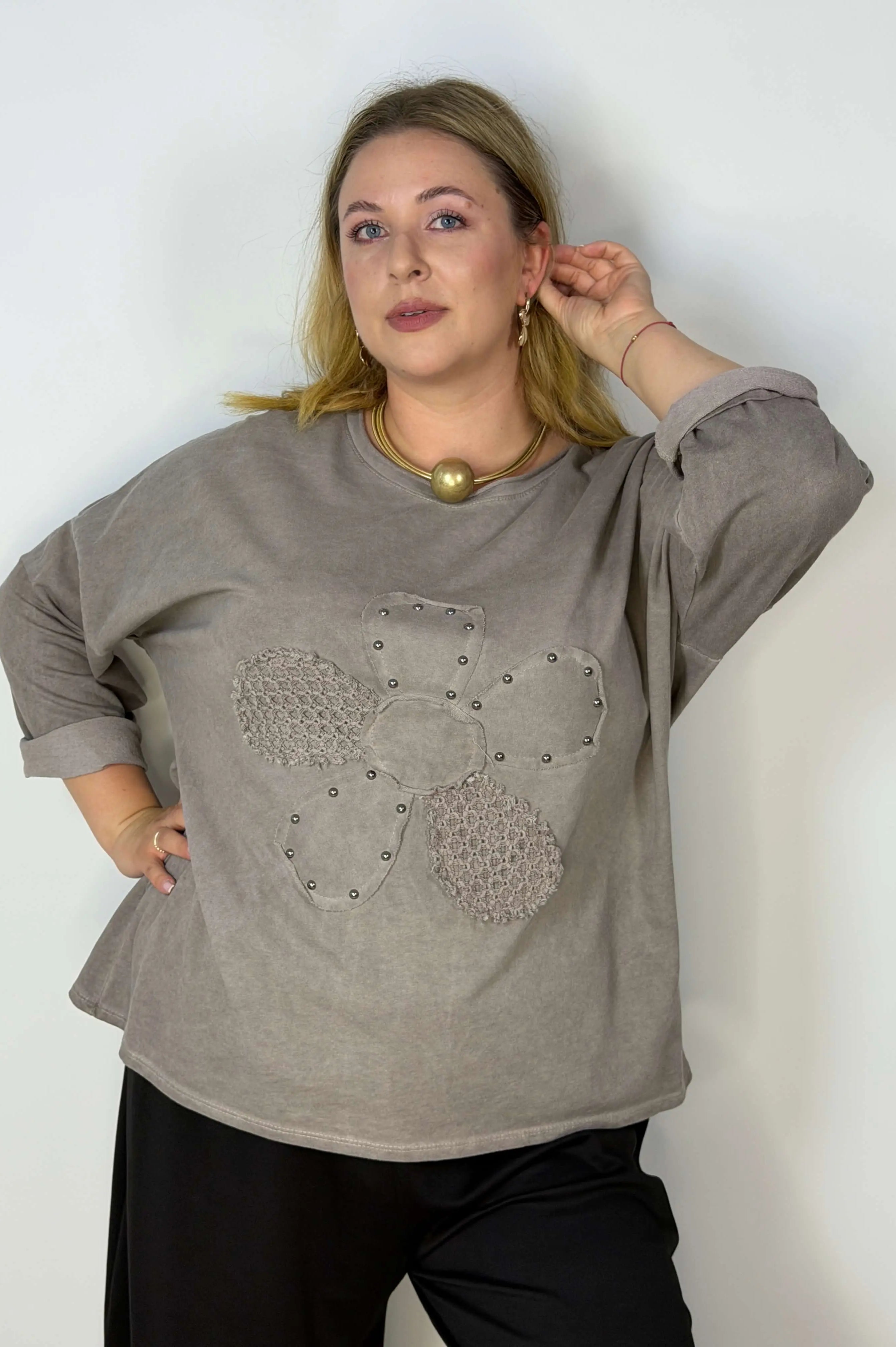 Bluzka damska Plus Size z ozdobnym kwiatem 3D Stylowa XL