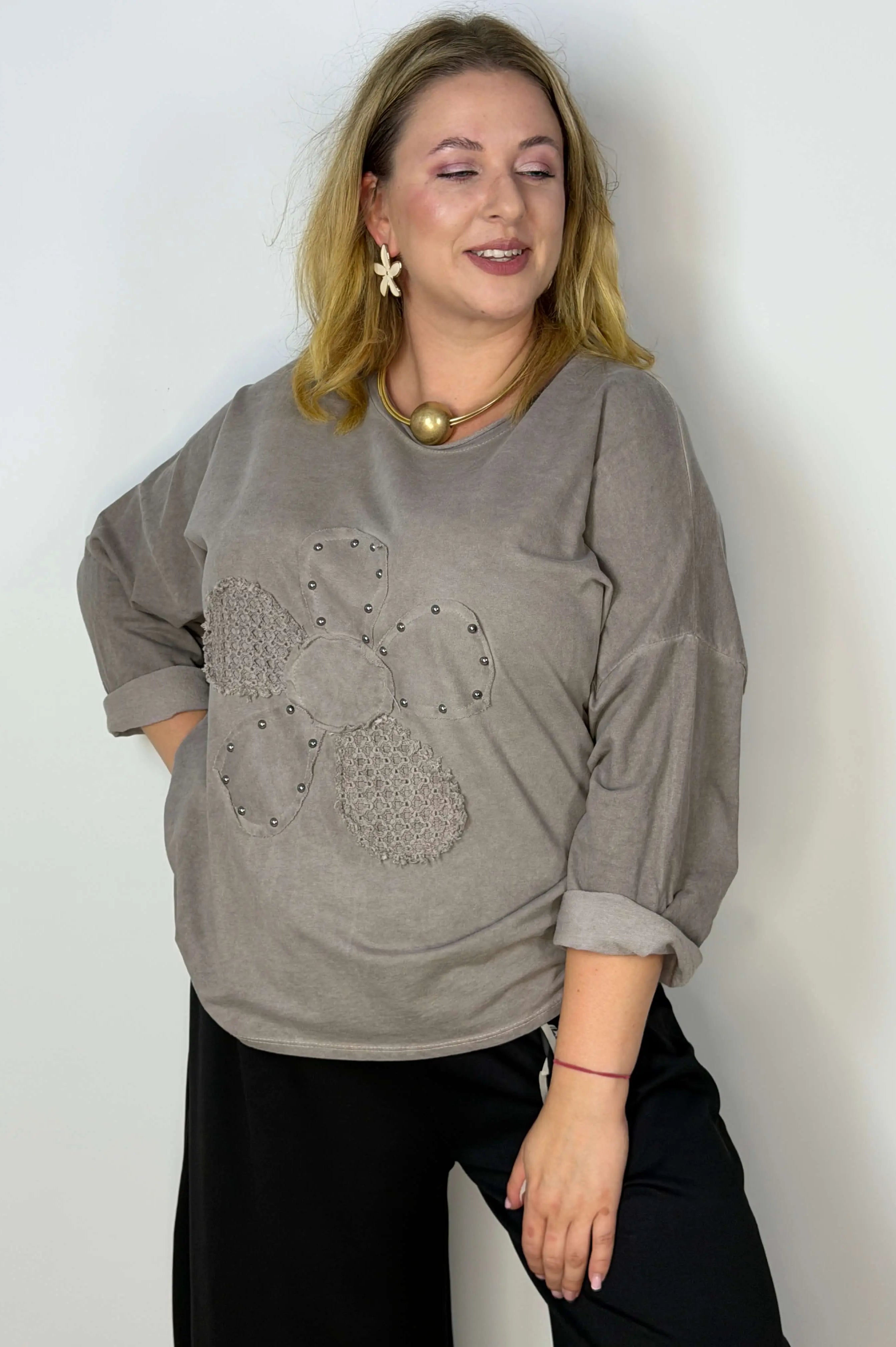 Bluzka damska Plus Size z ozdobnym kwiatem 3D Stylowa XL