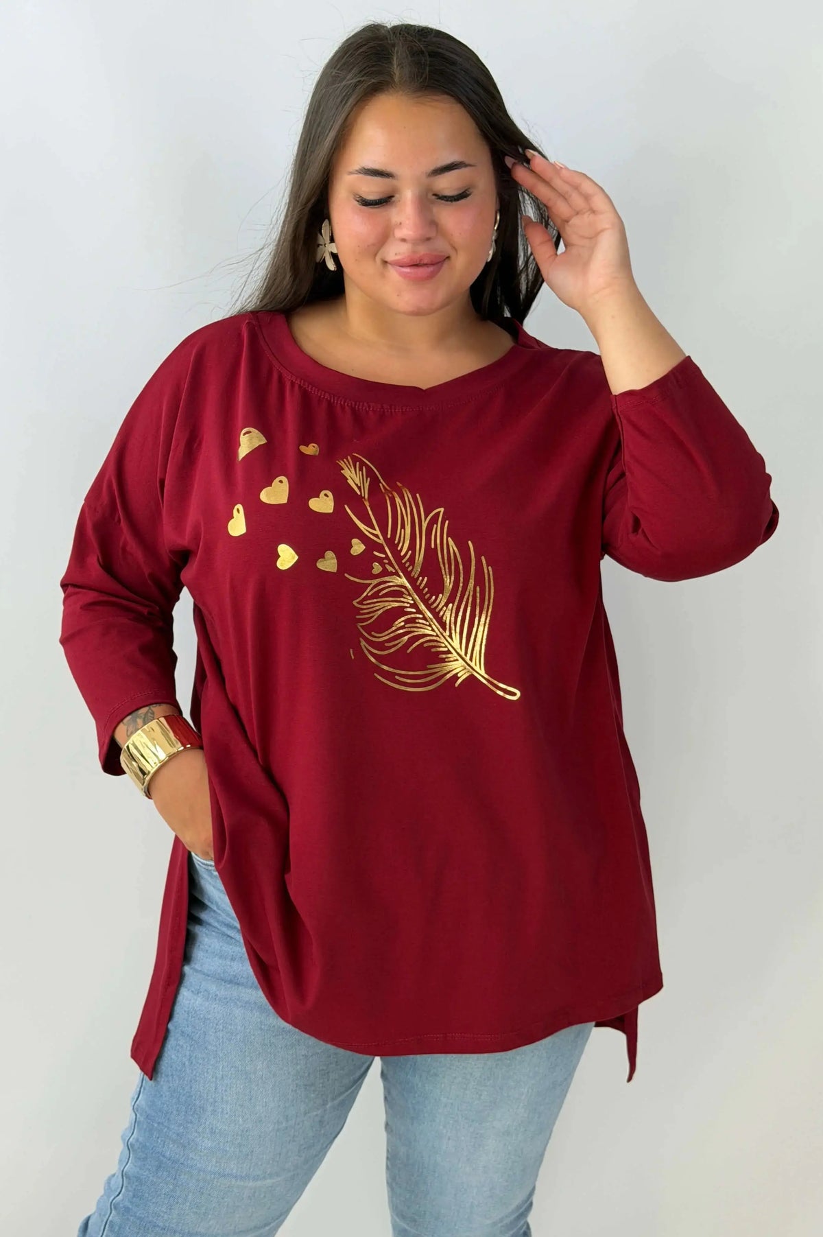 Bluzka damska Plus Size z ozdobnym złotym nadrukiem – bawełniana Stylowa XL