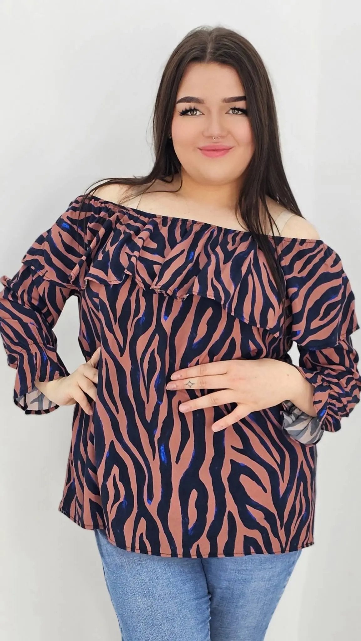 Bluzka hiszpanka z wzorem po całości - brudny róż Stylowa XL