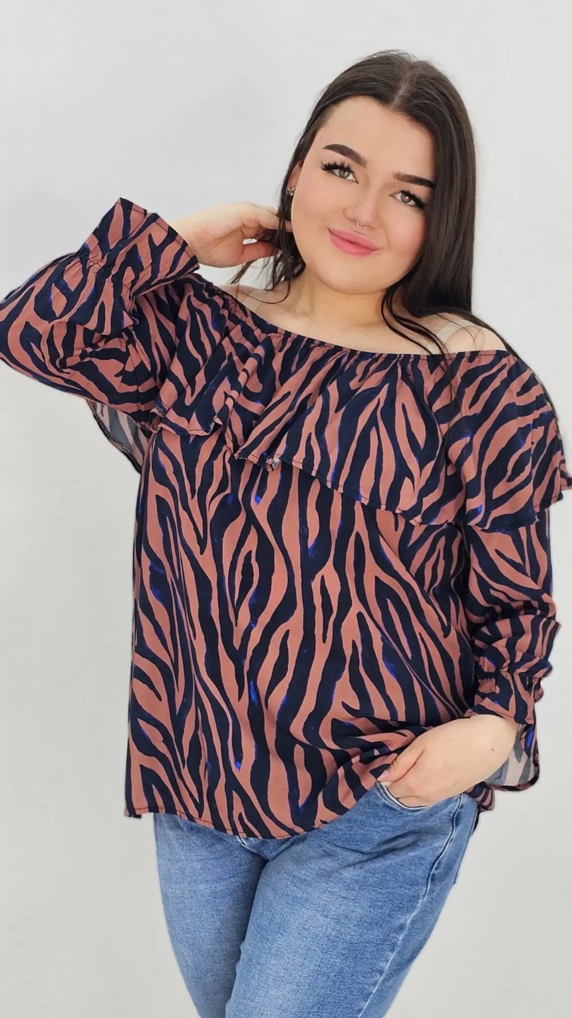 Bluzka hiszpanka z wzorem po całości - brudny róż Stylowa XL