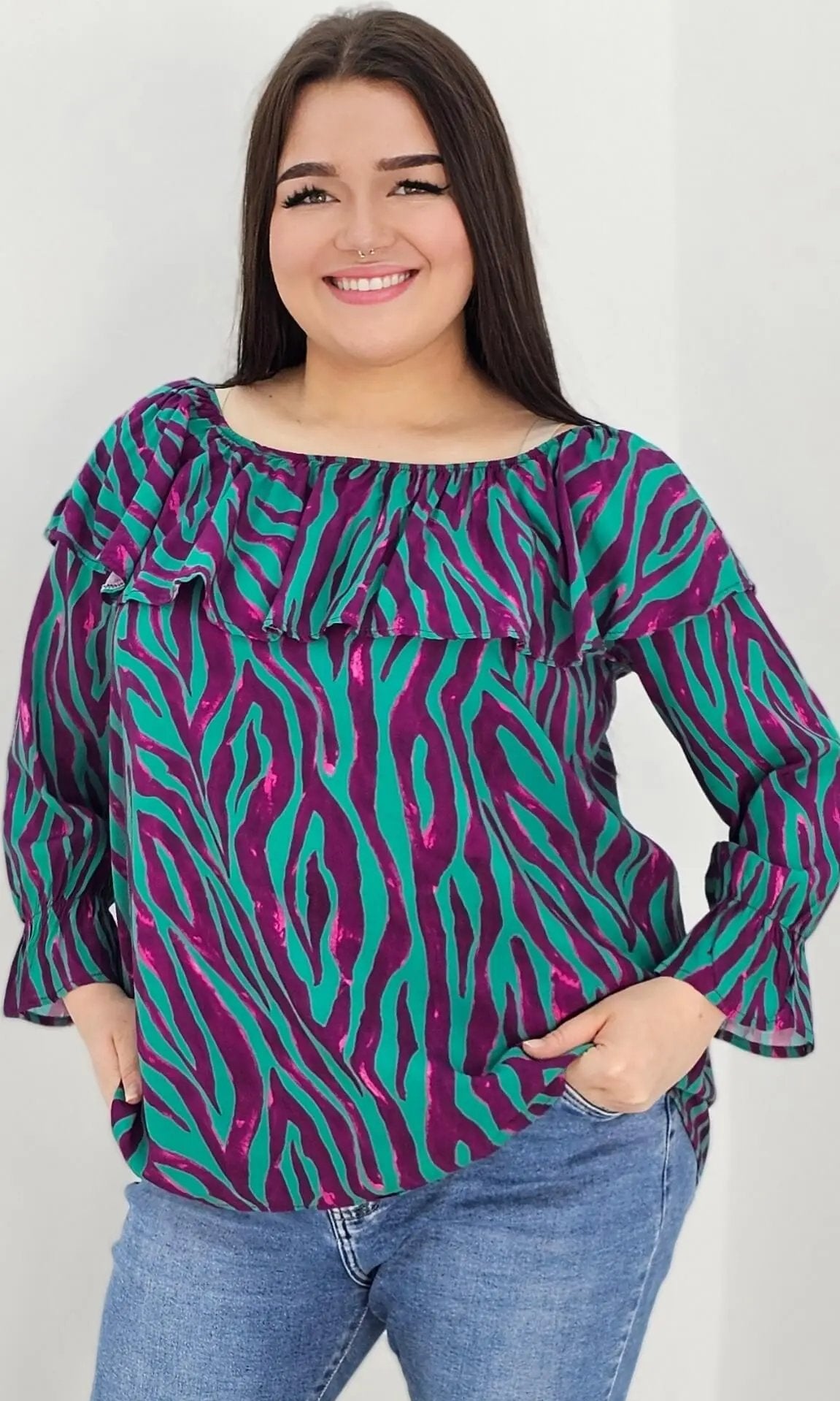 Bluzka hiszpanka z wzorem po całości -fiolet Stylowa XL