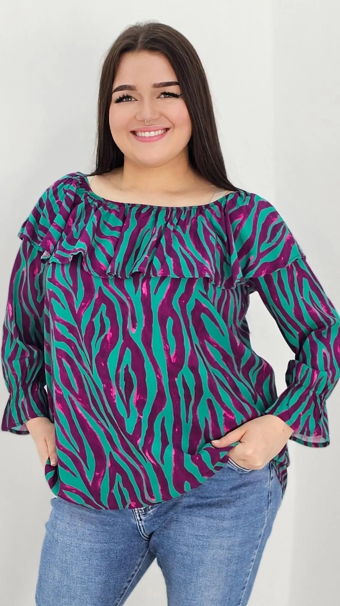 Bluzka hiszpanka z wzorem po całości -fiolet Stylowa XL