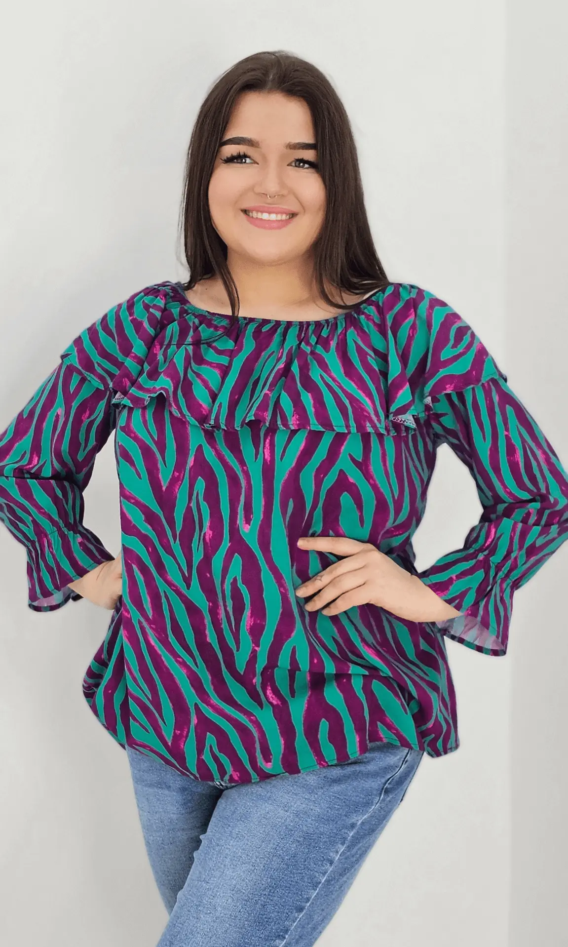 Bluzka hiszpanka z wzorem po całości -fiolet Stylowa XL