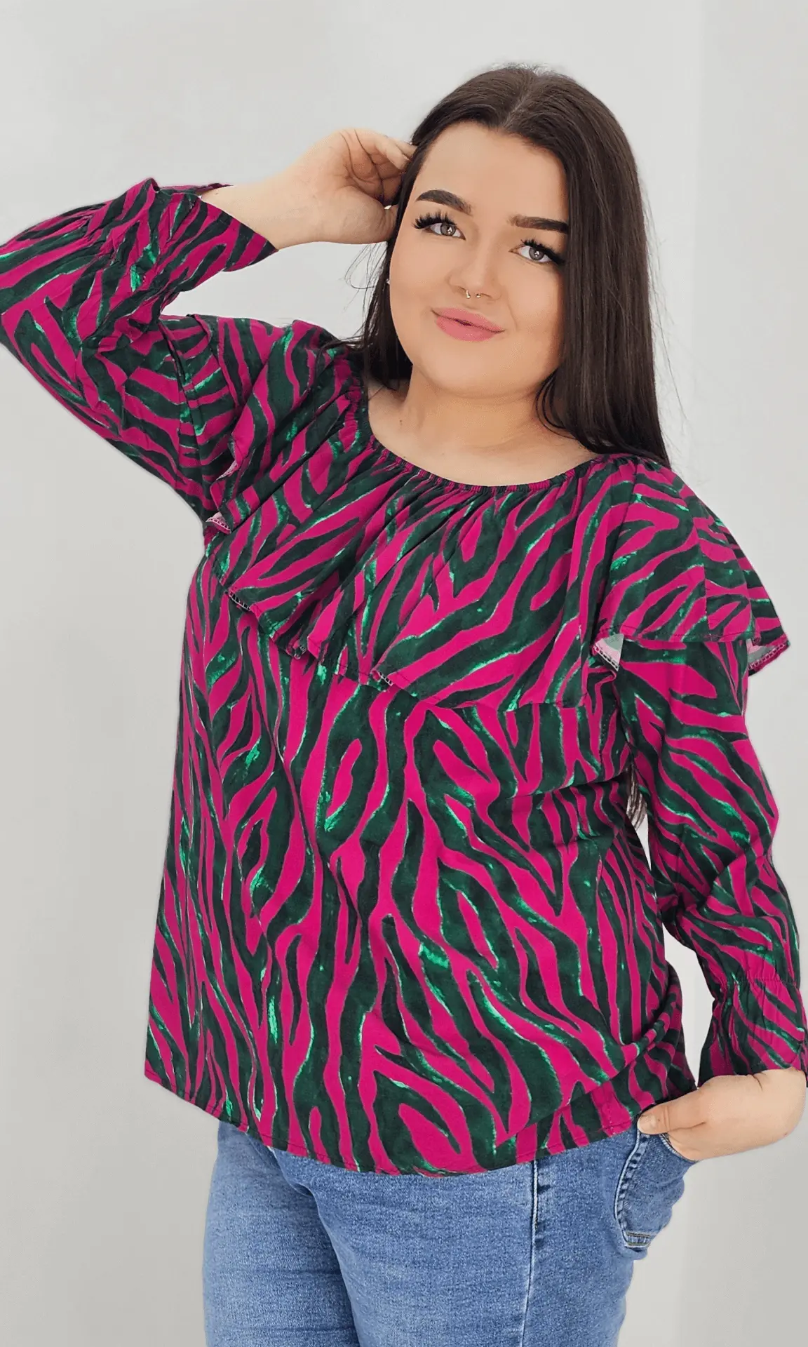 Bluzka hiszpanka z wzorem po całości -fuksja Stylowa XL