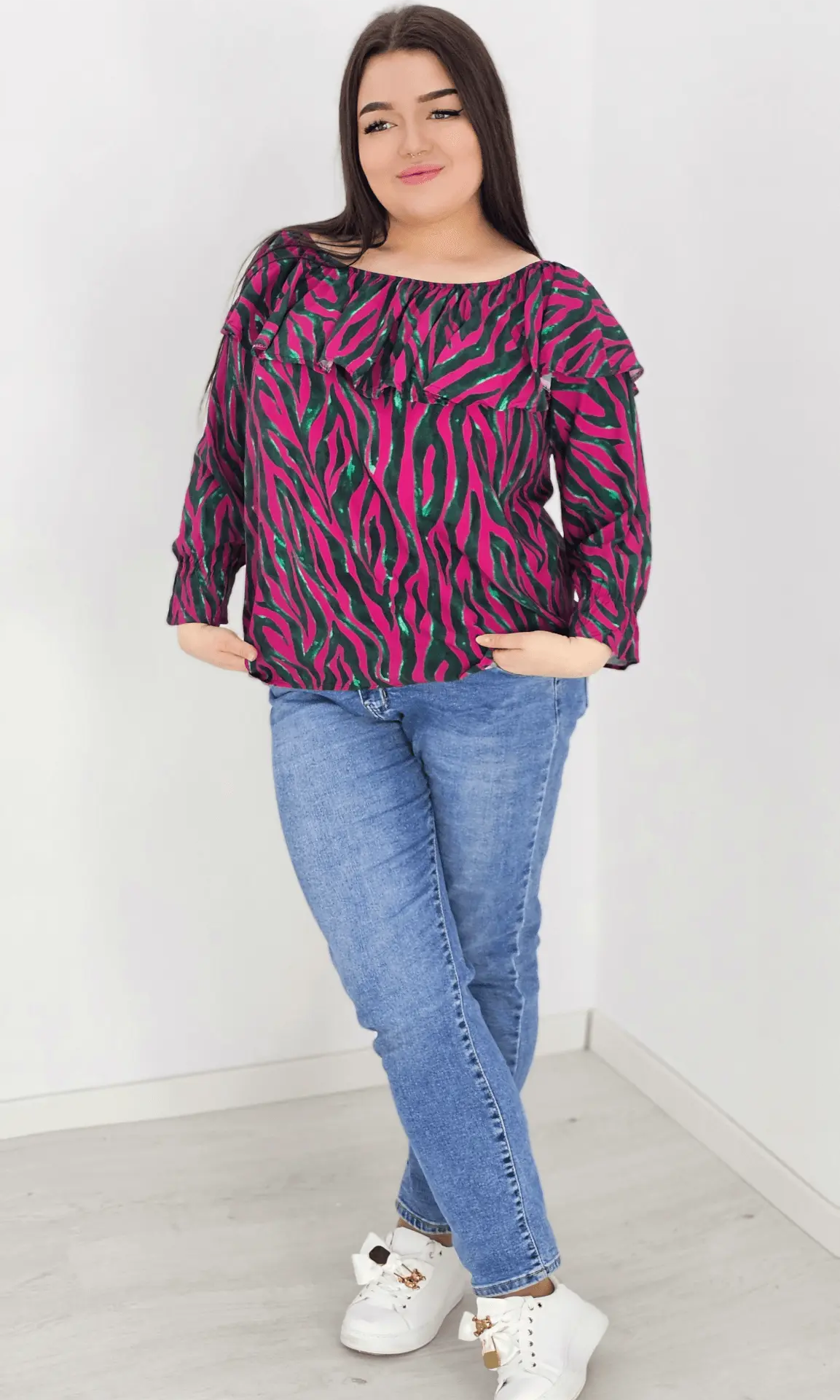 Bluzka hiszpanka z wzorem po całości -fuksja Stylowa XL